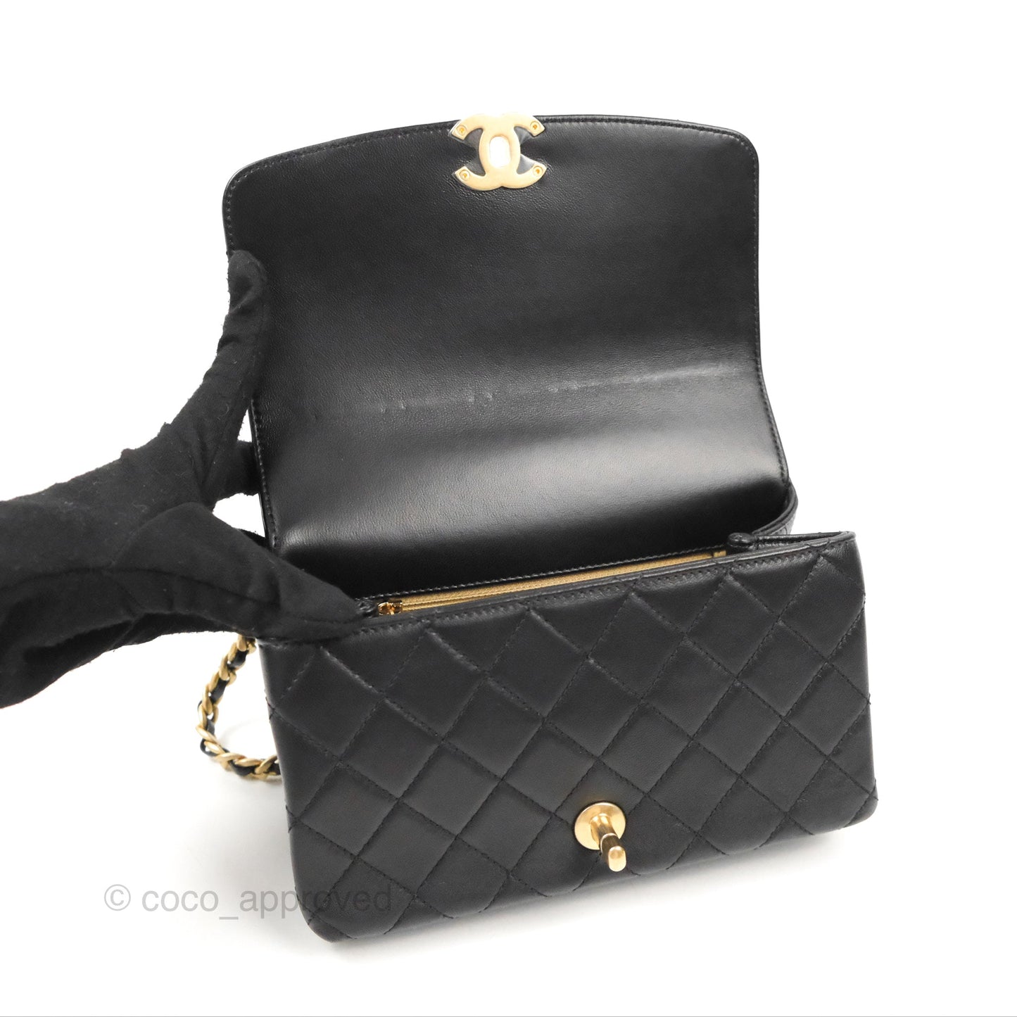 Chanel La Parisienne Top Handle Flap Bag Black Lambskin Aged Gold Hardware