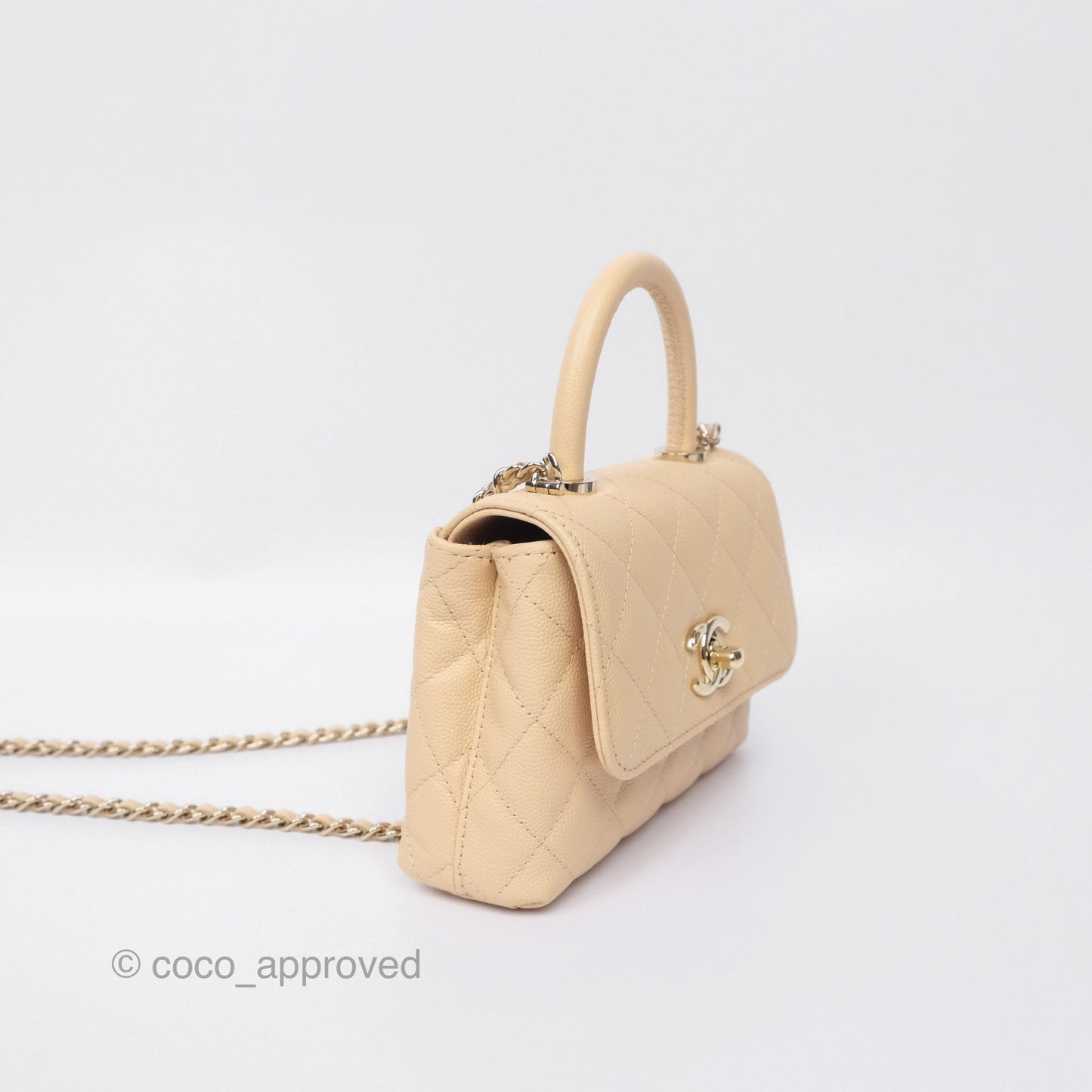 Chanel Coco Handle Clutch with Chain Quilted Beige Caviar Gold Hardware