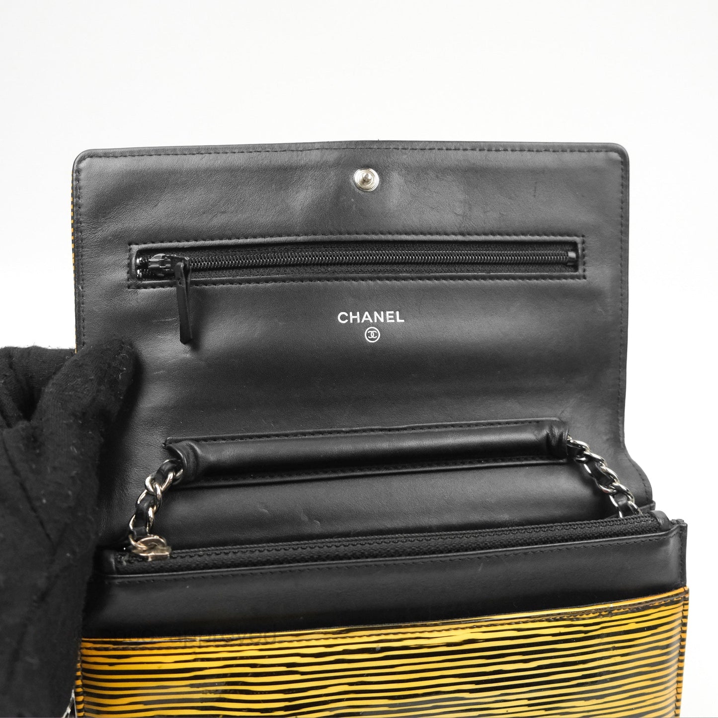 Chanel Wallet on Chain Yellow Black Striped Patent Silver Hardware