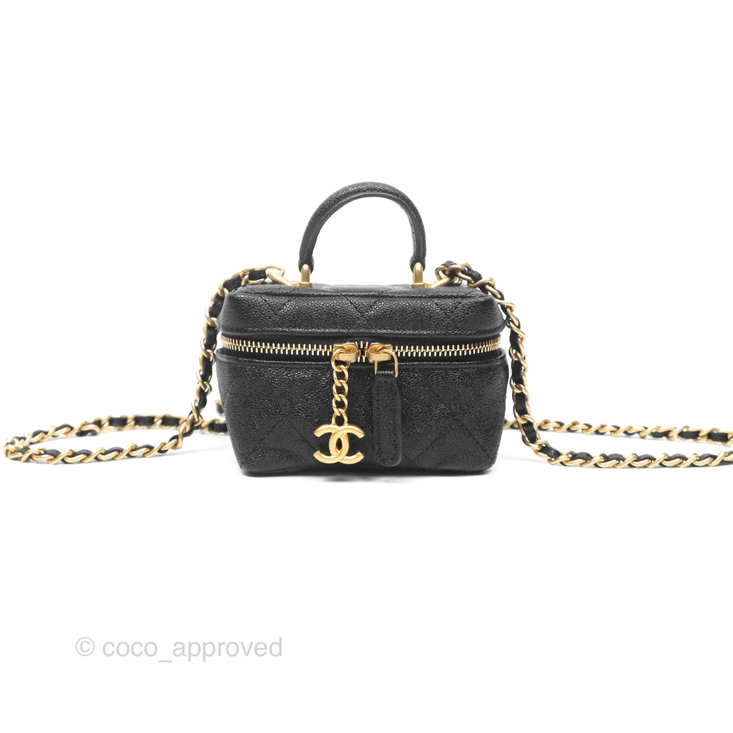 Chanel Quilted Mini Top Handle Vanity With Chain Black Caviar Aged Gold Hardware