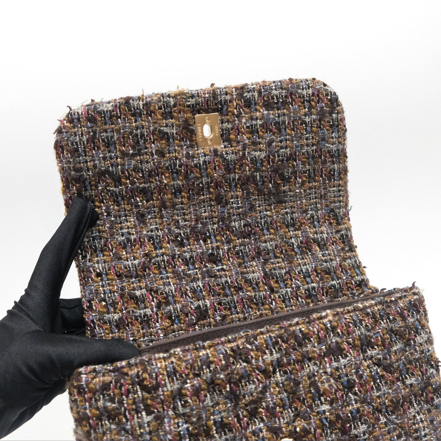 Chanel Top Handle Flap Bag Tweed Gold Hardware