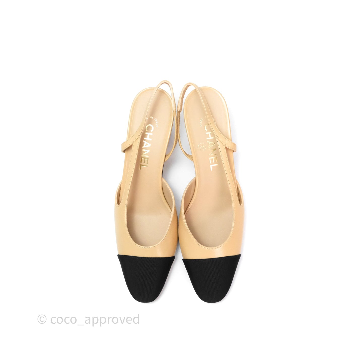 Chanel Classic Slingback Beige Black Leather Size 38
