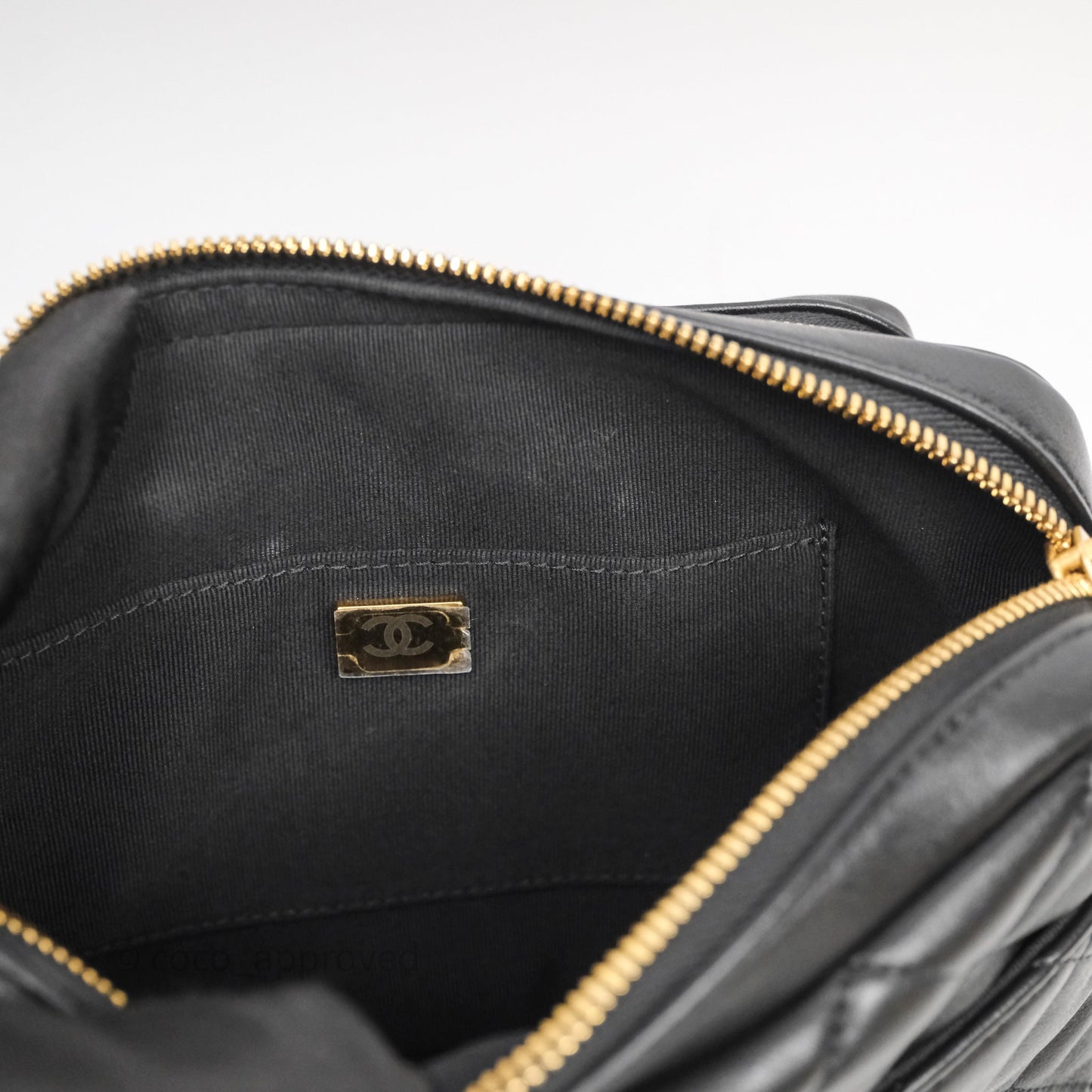 Chanel Small Camera Case Quilted Black Calfskin Aged Gold Hardware 22C
