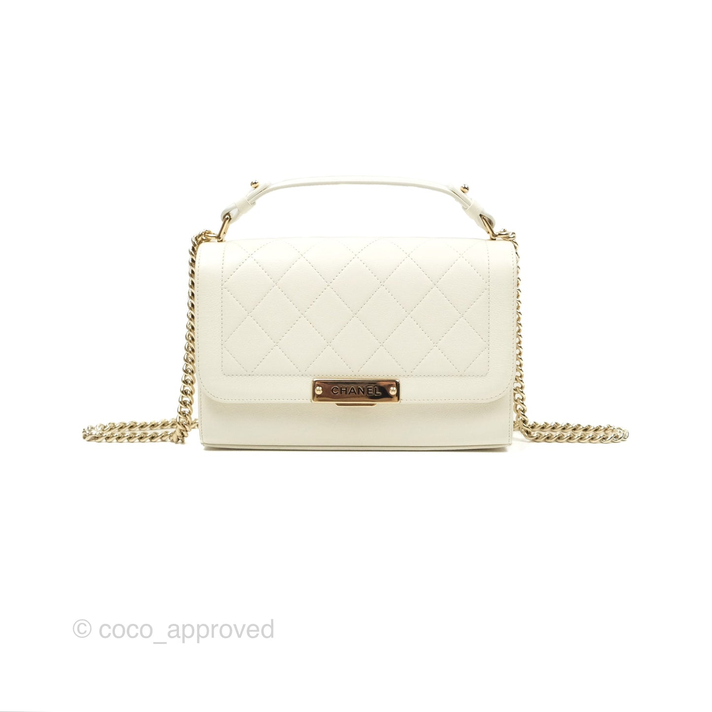 Chanel Quilted Label Click Flap Bag White Grained Calfskin Gold Hardware