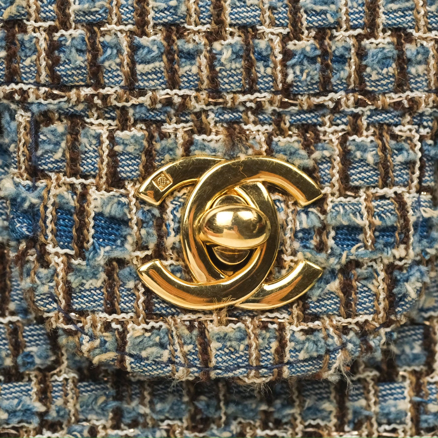 Chanel East West Chocolate Bar Flap Bag Grey Blue Tweed 24K Gold Hardware
