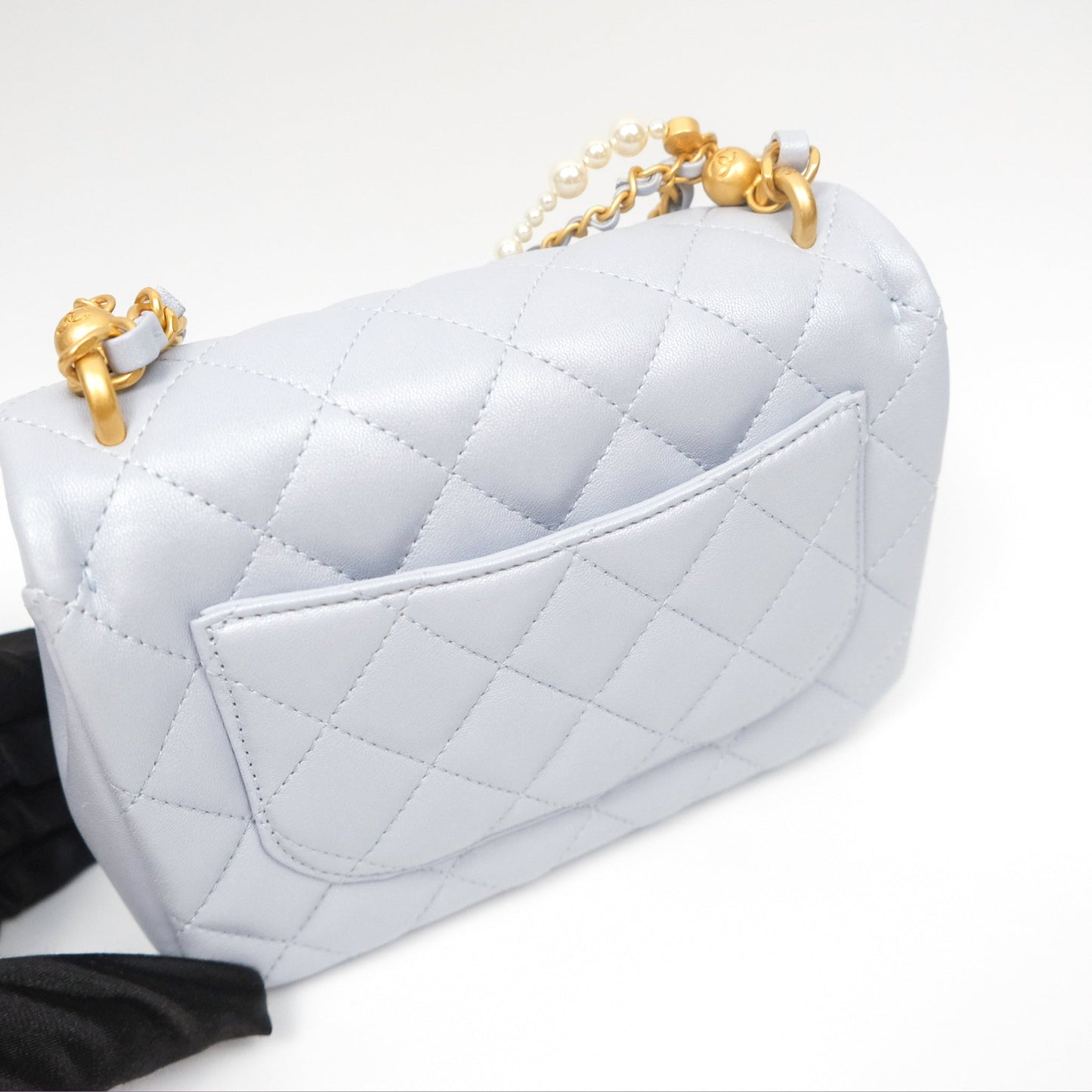 Chanel Pearl Chain Mini Flap Bag Pearly Light Blue Lambskin Aged Gold Hardware 24P