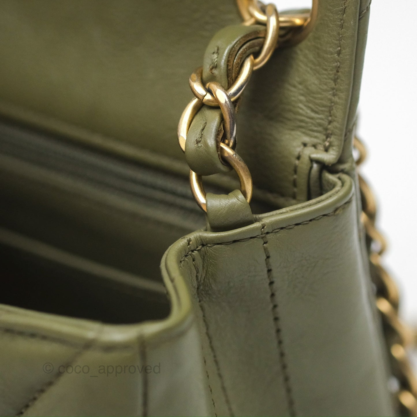 Chanel Mini Square Flap Chevron Olive Green Calfskin Gold Hardware