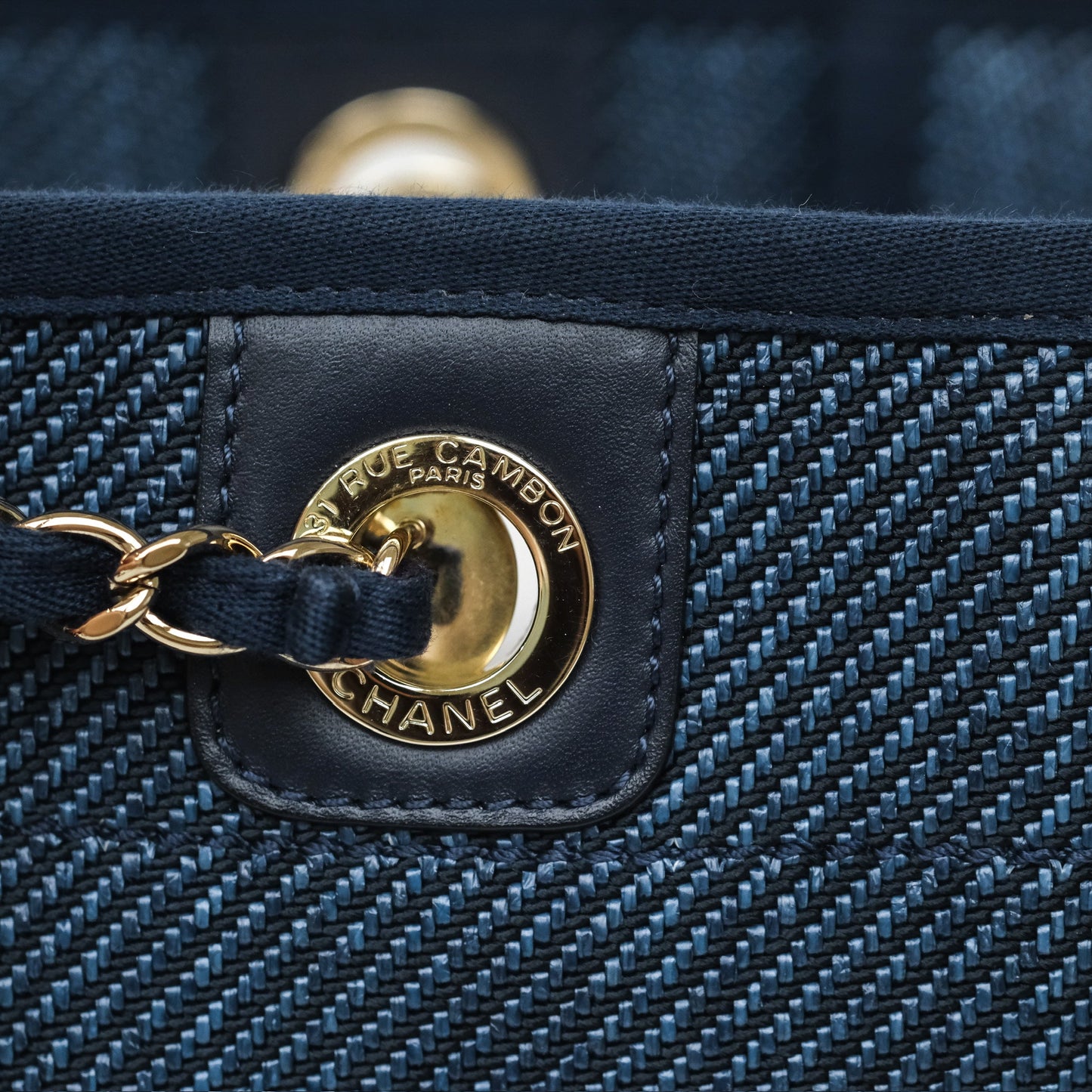 Chanel Medium Deauville Tote Navy Raffia Gold Hardware
