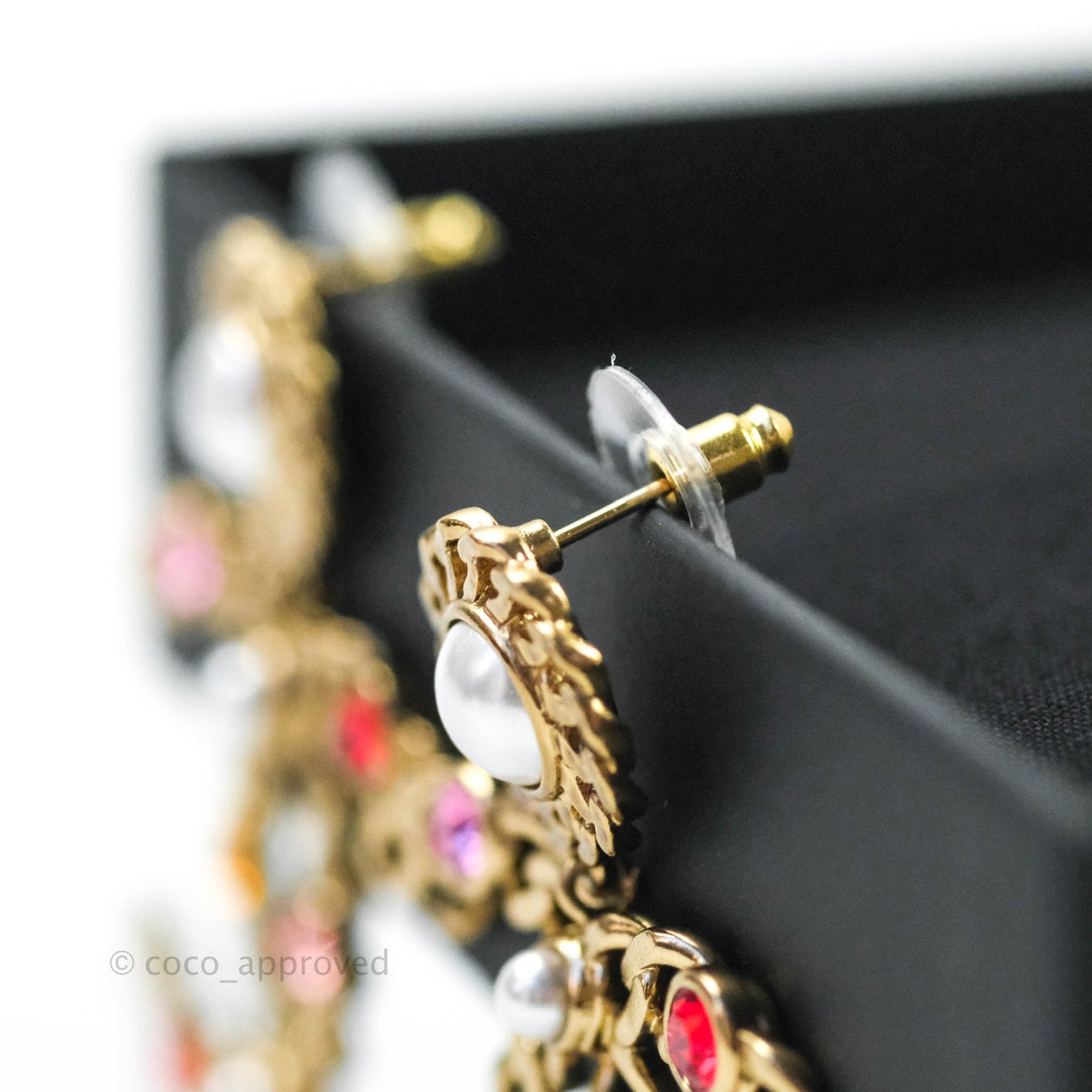 Chanel CC Drop Pearl Crystal Earrings Gold Tone 21P
