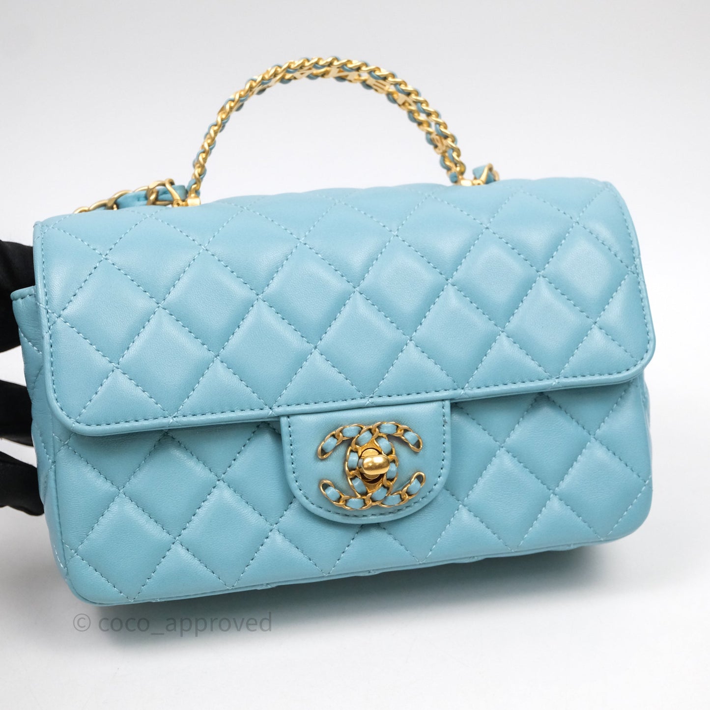 Chanel Flap Bag with Crystal Logo Top Handle Tiffany Blue Lambskin Aged Gold Hardware