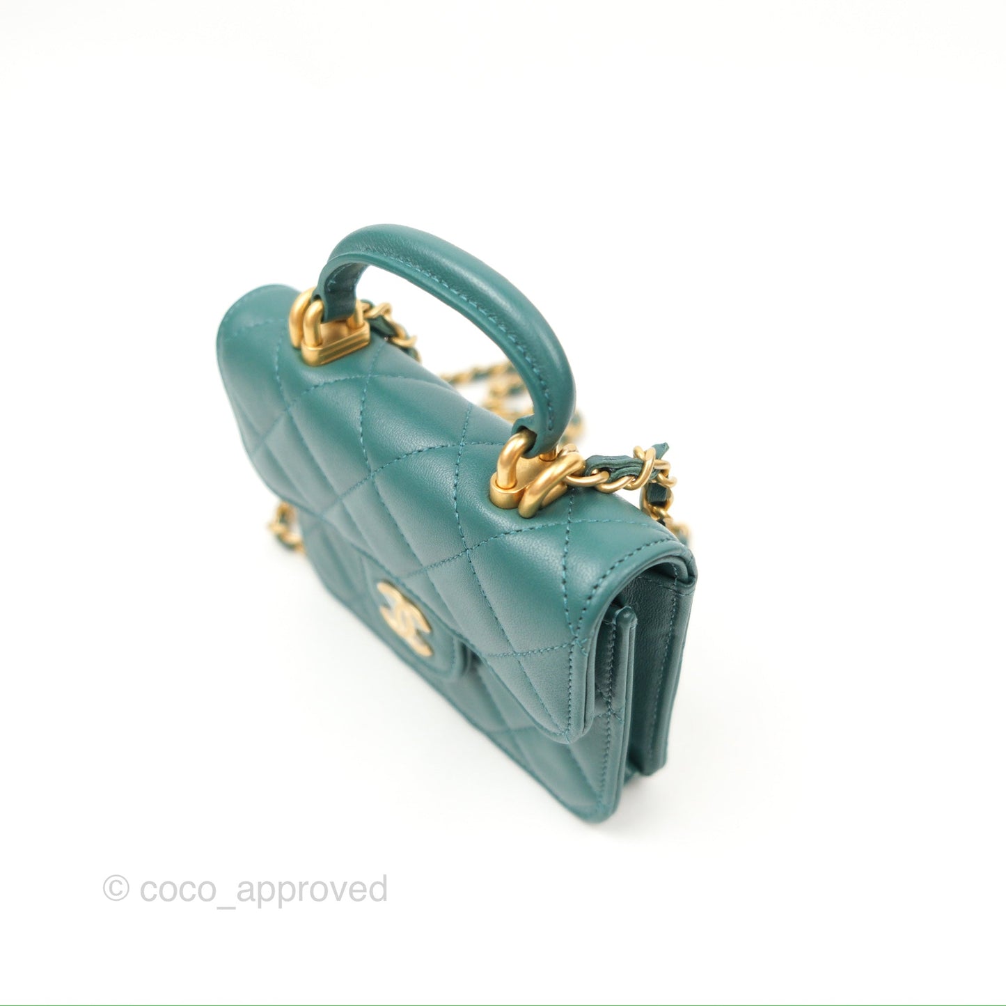 Chanel Mini Handle Flap Coin Purse With Chain Teal Green Lambskin Aged Gold Hardware