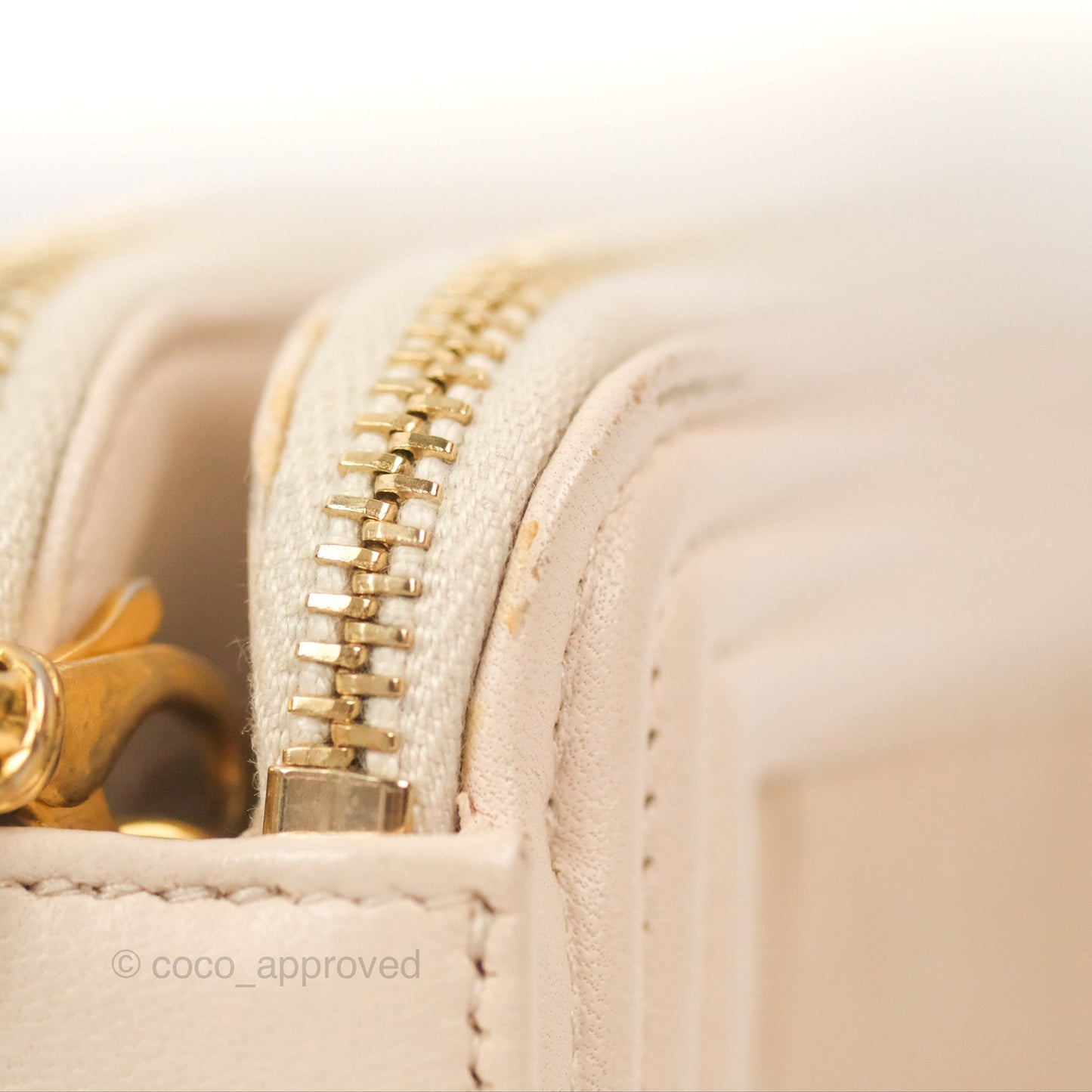 Chanel Boy Double Zip Clutch On Chain Chevron Pale Beige Aged Gold Hardware
