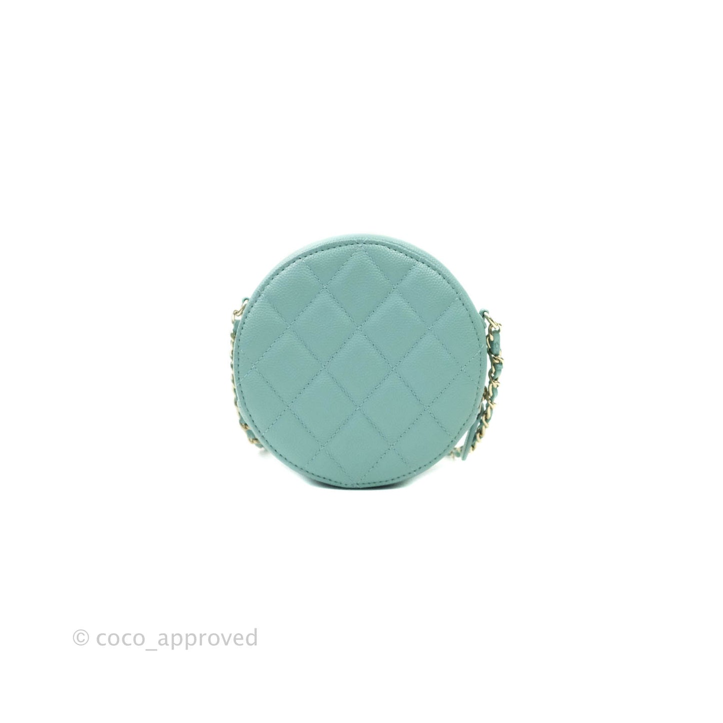 Chanel Classic Quilted Round Clutch With Chain Tiffany Blue Caviar Gold Hardware