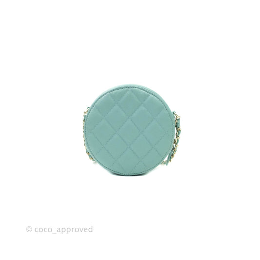 Chanel Classic Quilted Round Clutch With Chain Tiffany Blue Caviar Gold Hardware
