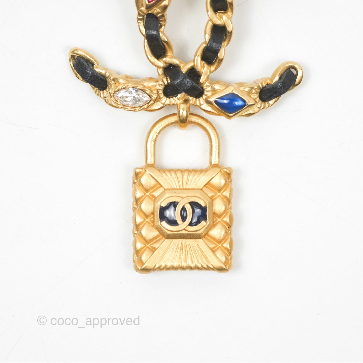 Chanel Crystal CC Braided Black Leather Multicolor Brooch Gold Tone 20C