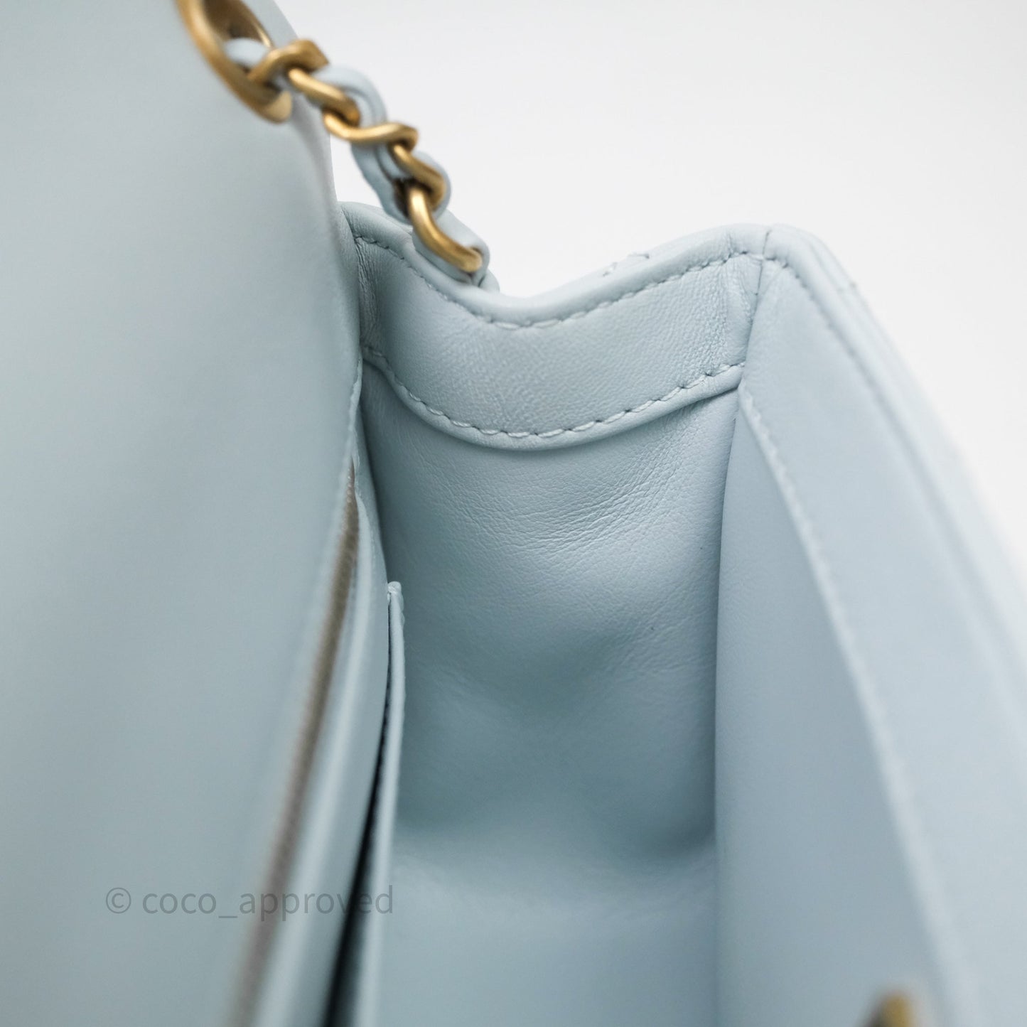 Chanel Pearl Crush Mini Rectangular Light Blue Lambskin Aged Gold Hardware