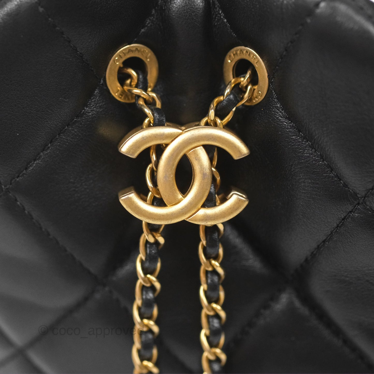Chanel Quilted My Perfect with Pearl Drawstring Bucket Bag Black Lambskin Aged Gold Hardware