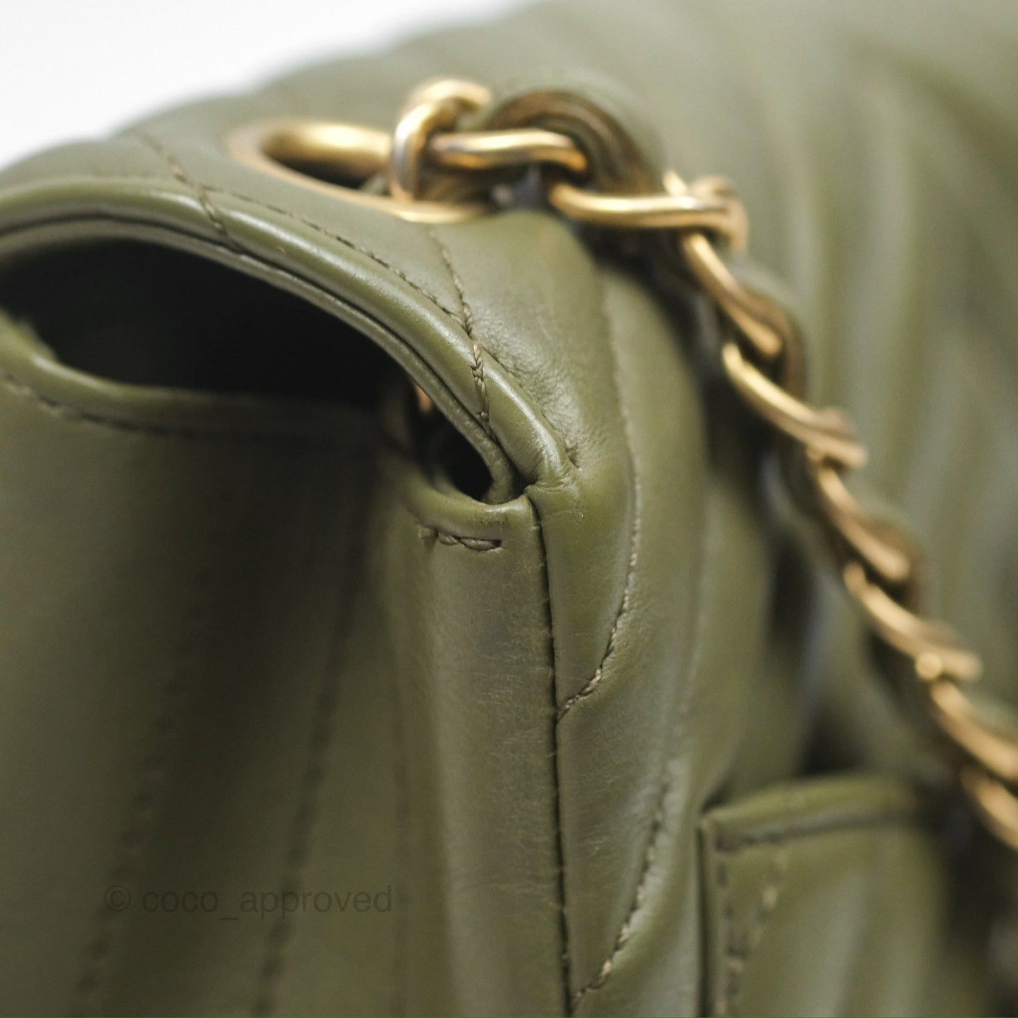 Chanel Mini Square Flap Chevron Olive Green Calfskin Gold Hardware