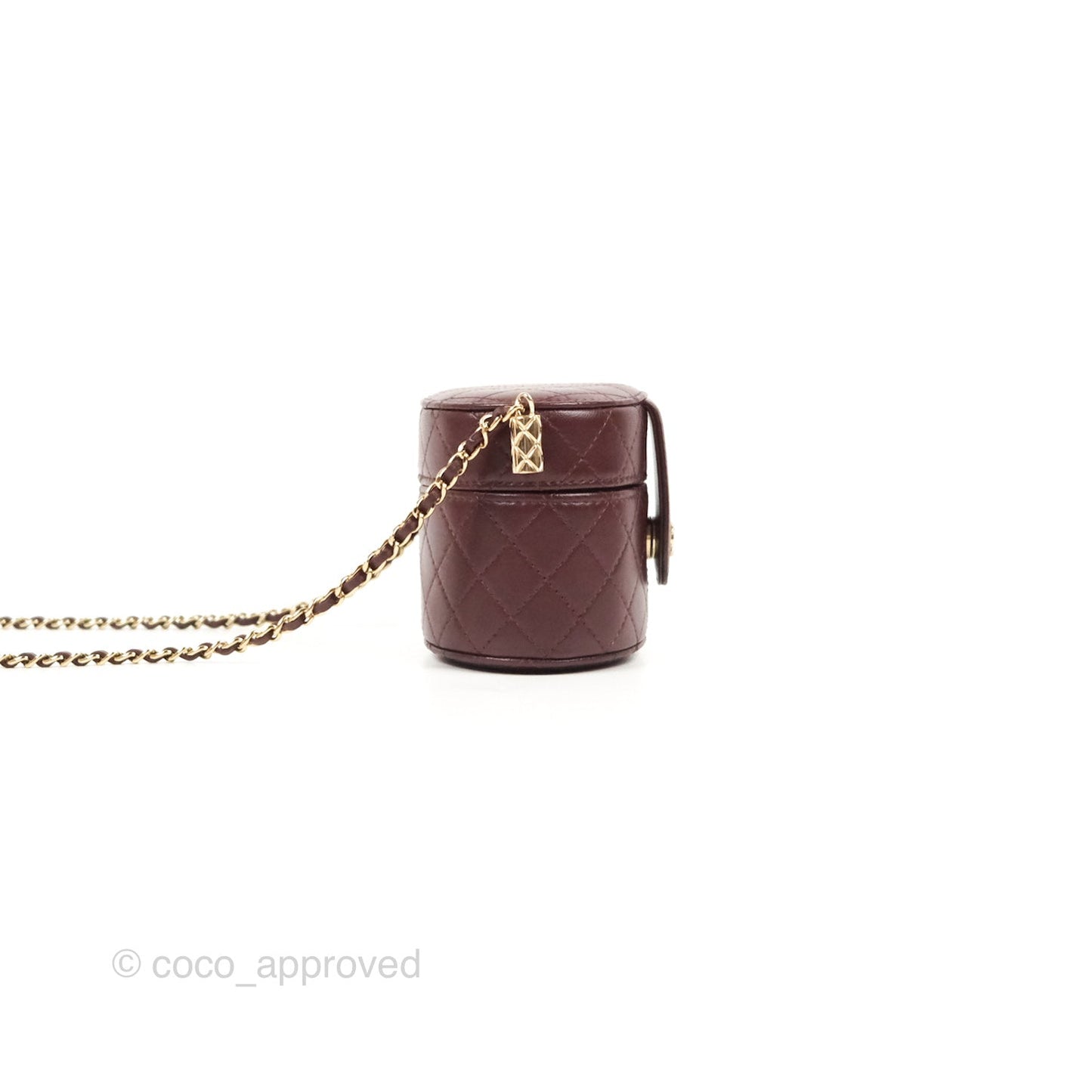 Chanel Quilted Round Vanity Clutch With Chain Burgundy Lambskin Gold Hardware