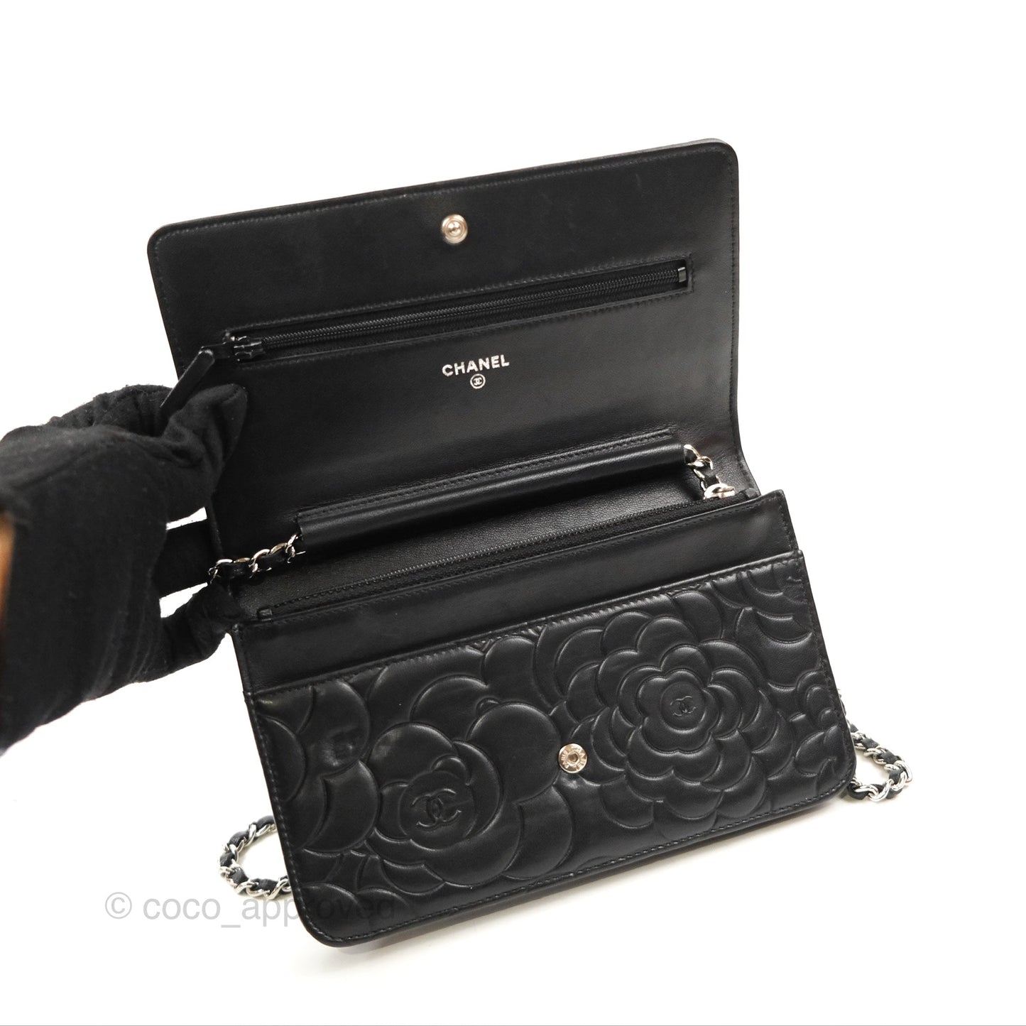 Chanel Camellia Embossed Wallet on Chain WOC Black Lambskin Silver Hardware