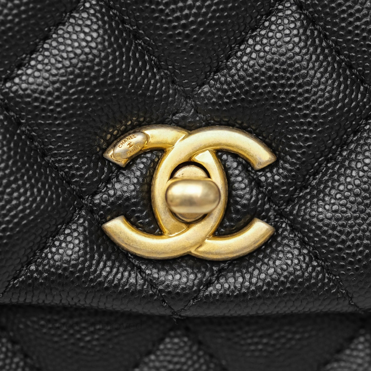 Chanel Small Coco Handle Quilted Black Caviar Aged Gold Hardware Lizard Handle