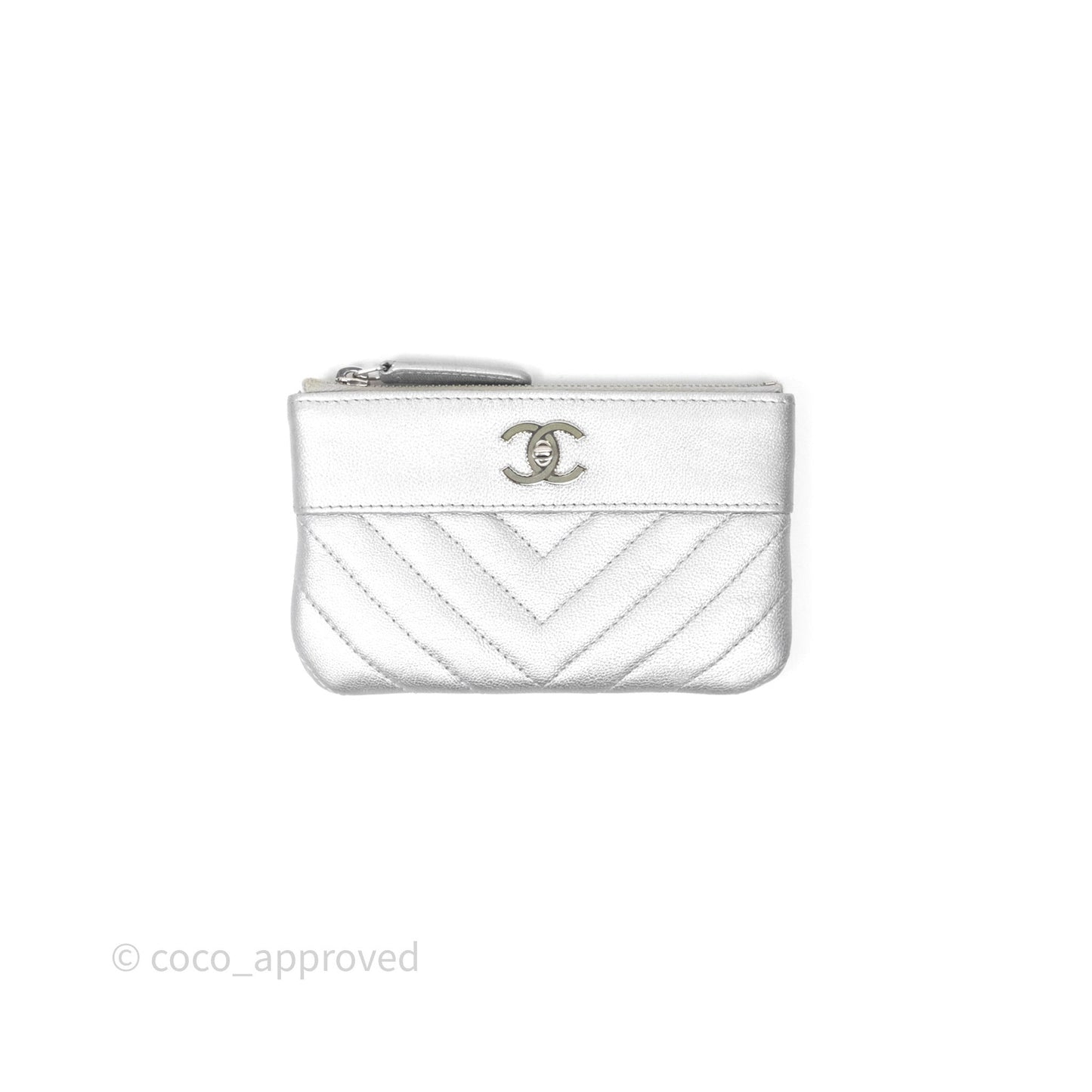Chanel Mini Chevron Mademoiselle O Case Silver Goatskin Silver Hardware