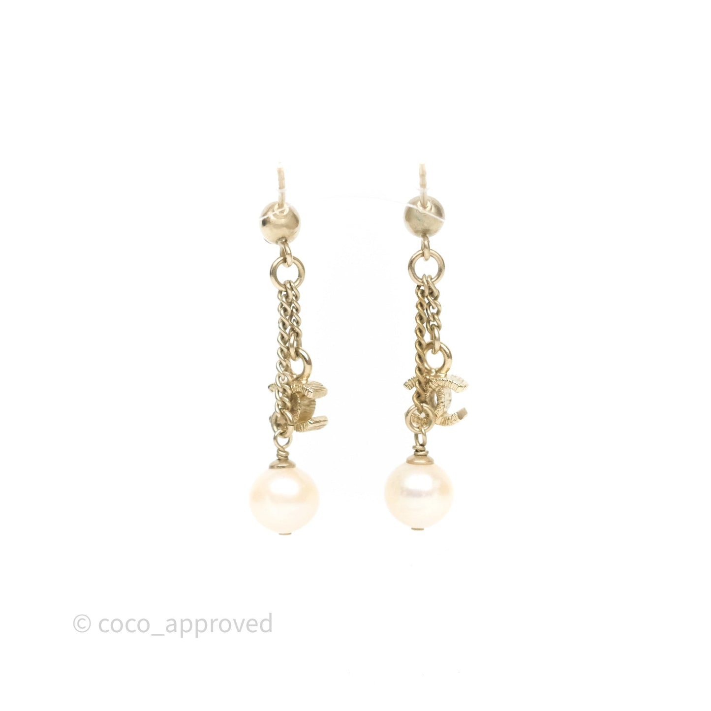 Chanel CC Pearl Drop Earrings Gold Tone
