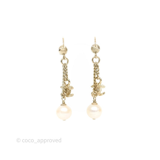 Chanel CC Pearl Drop Earrings Gold Tone