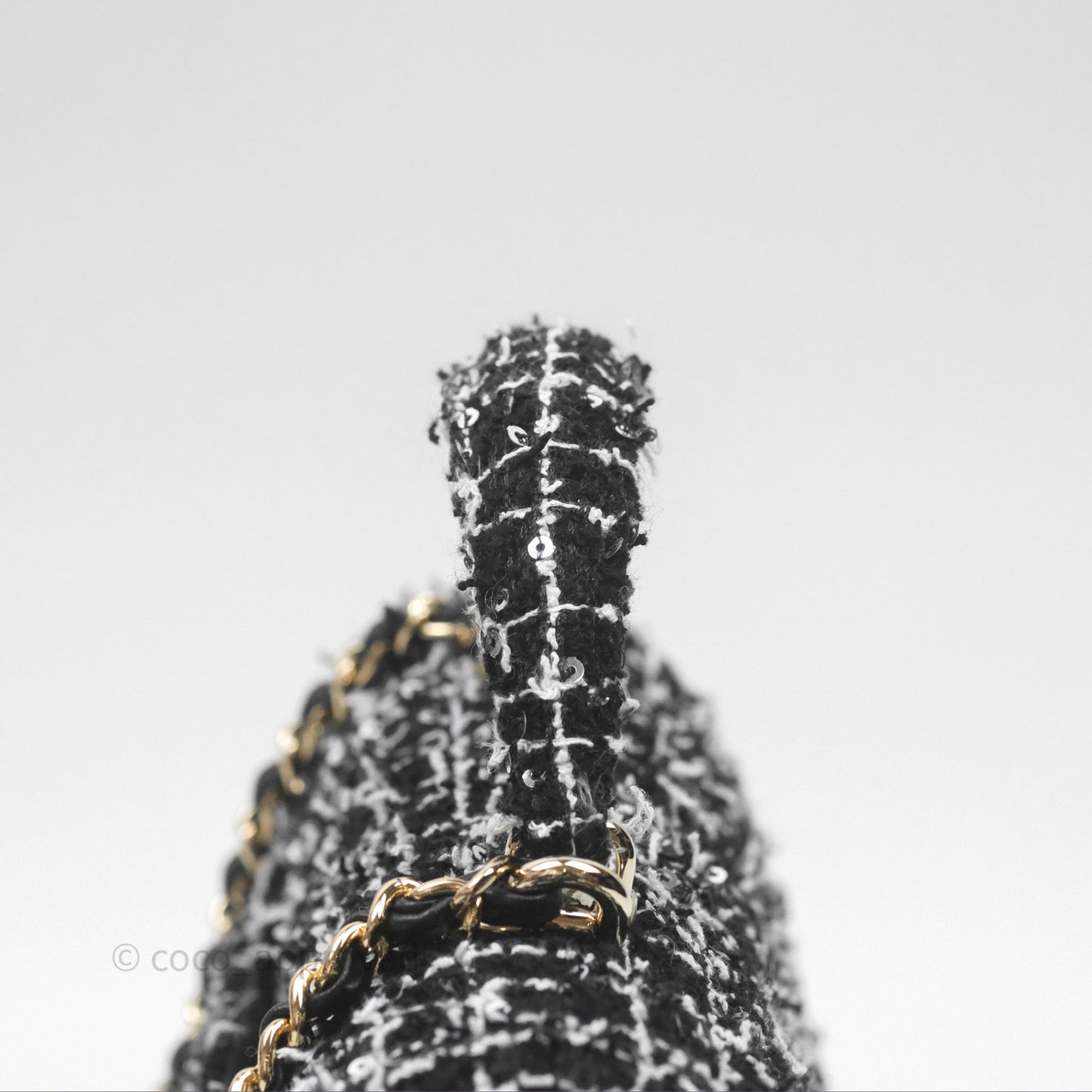 Chanel Top Handle Mini Rectangular Flap Black/ White Sequin Tweed Gold Hardware 24P