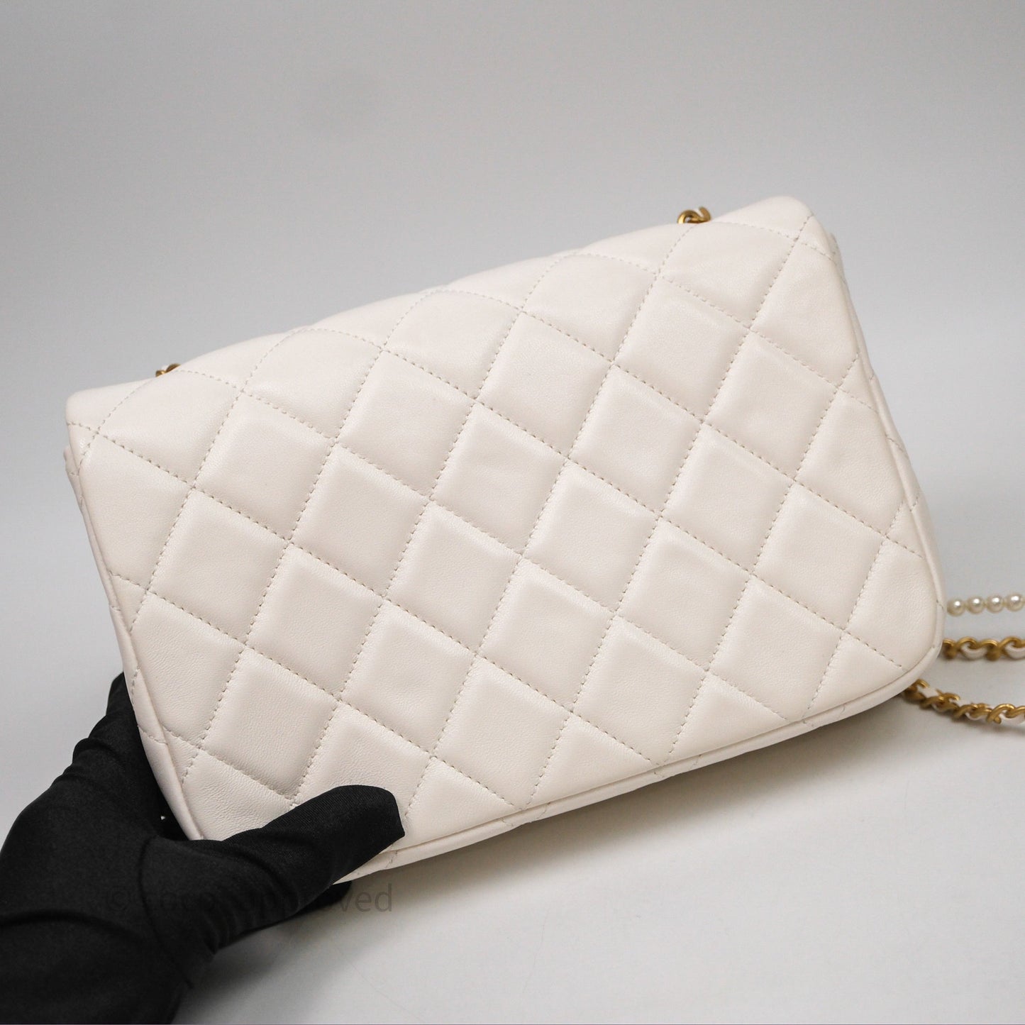 Chanel Flap Bag with Pearl Chain Ivory White Aged Gold Hardware 25P