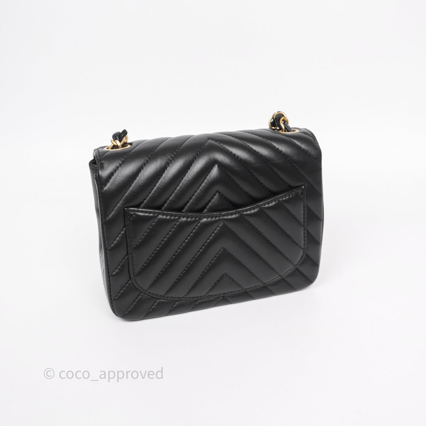 Chanel Mini Square Flap Chevron Black Lambskin Aged Gold Hardware