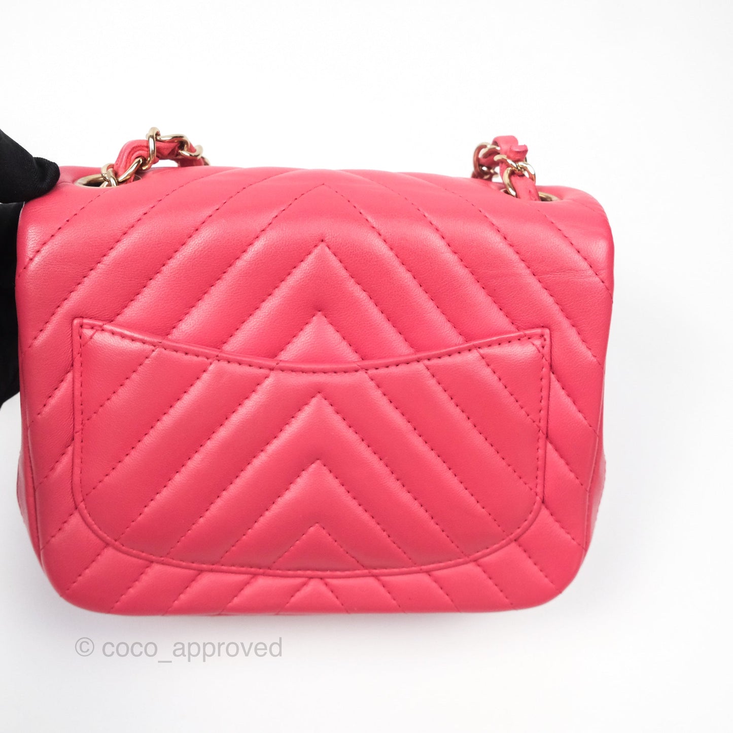 Chanel Mini Square Flap Chevron Dark Pink Lambskin Gold Hardware