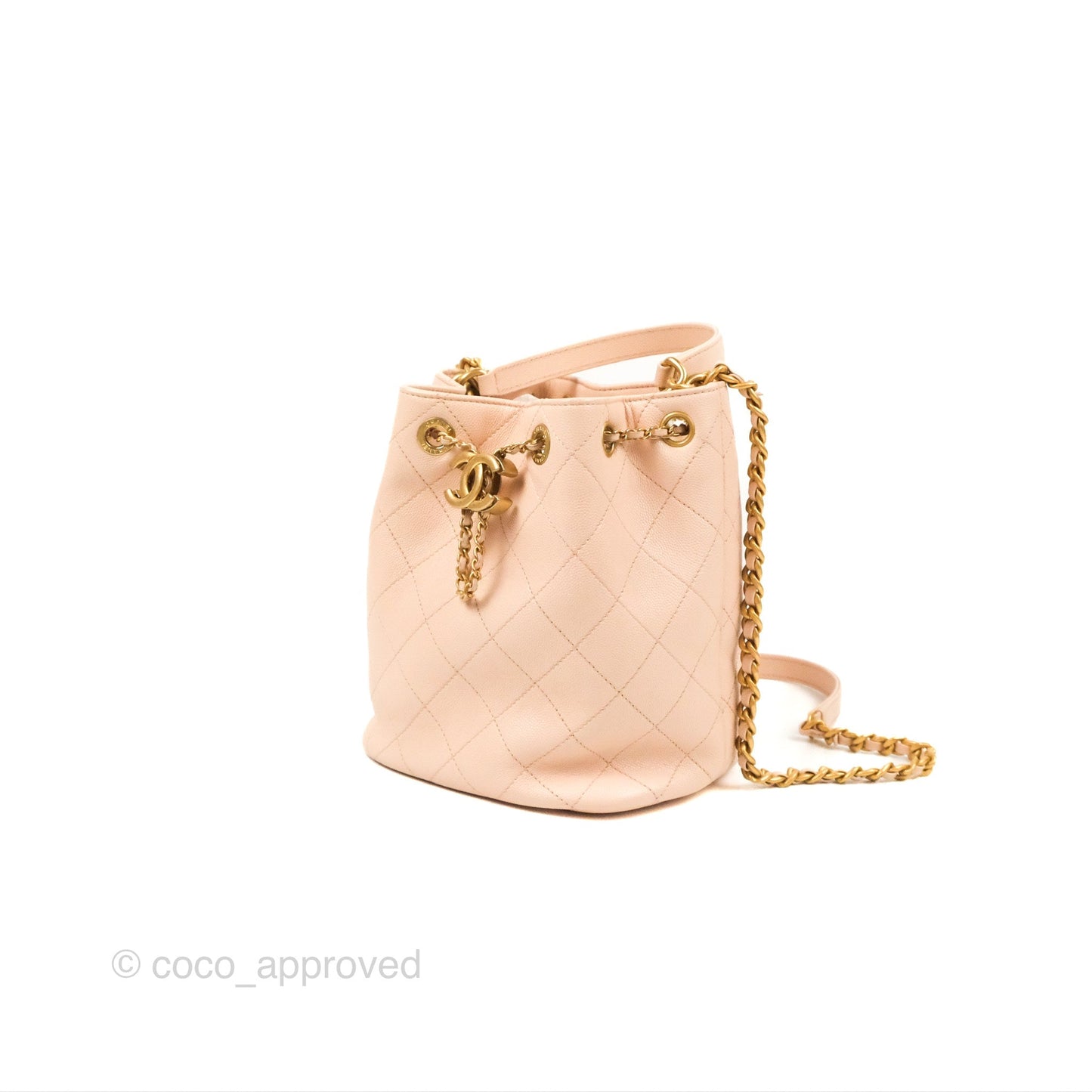 Chanel Quilted Top Handle Drawstring Bucket Bag Pink Caviar Aged Gold Hardware