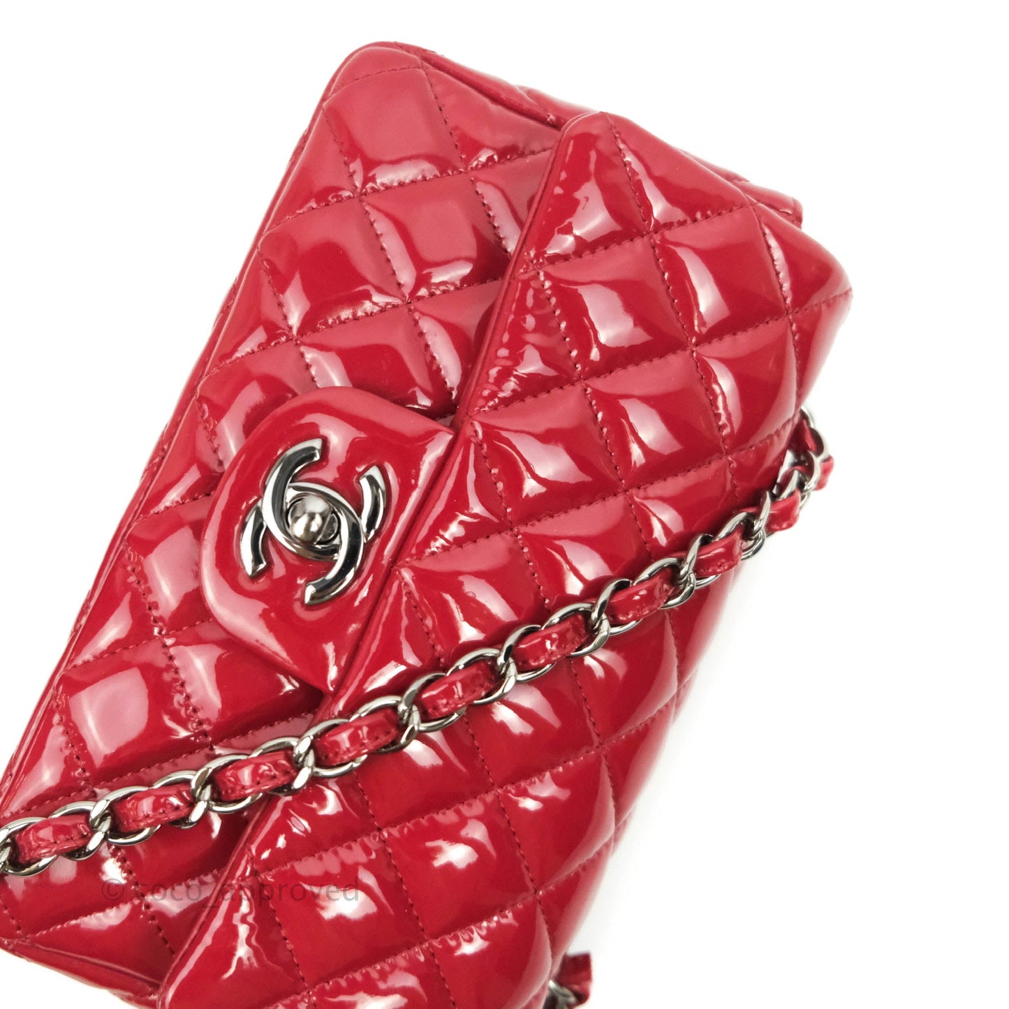 Chanel Quilted Mini Rectangular Flap Red Patent Gun Metal