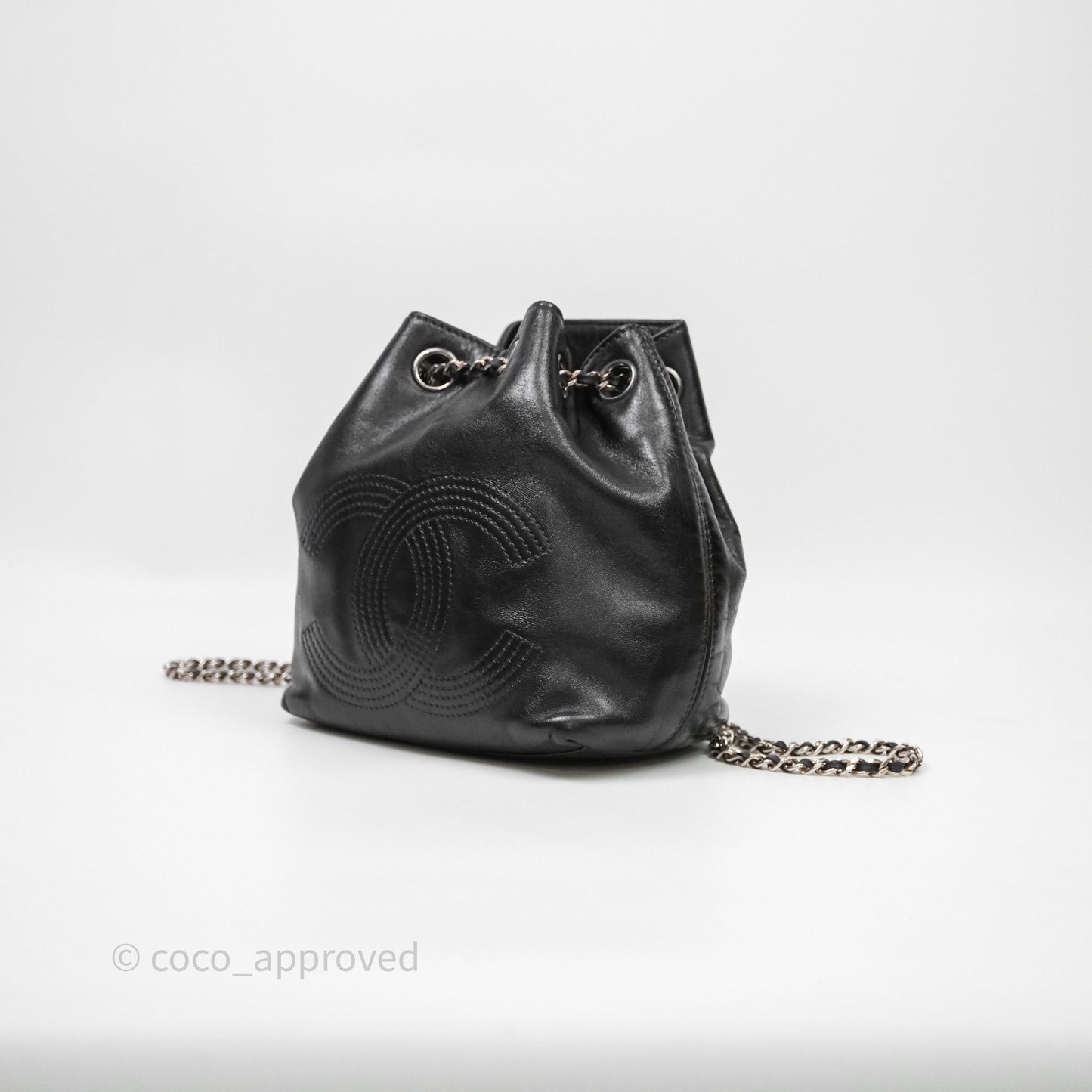Chanel Vintage CC Drawstring Bag Black Calfskin Silver Hardware