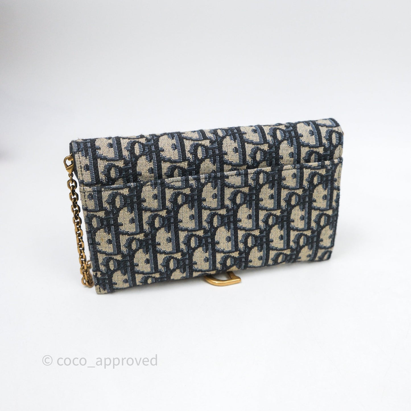Christian Dior Small Saddle Pouch Wallet with Chain Blue Dior Oblique Jacquard