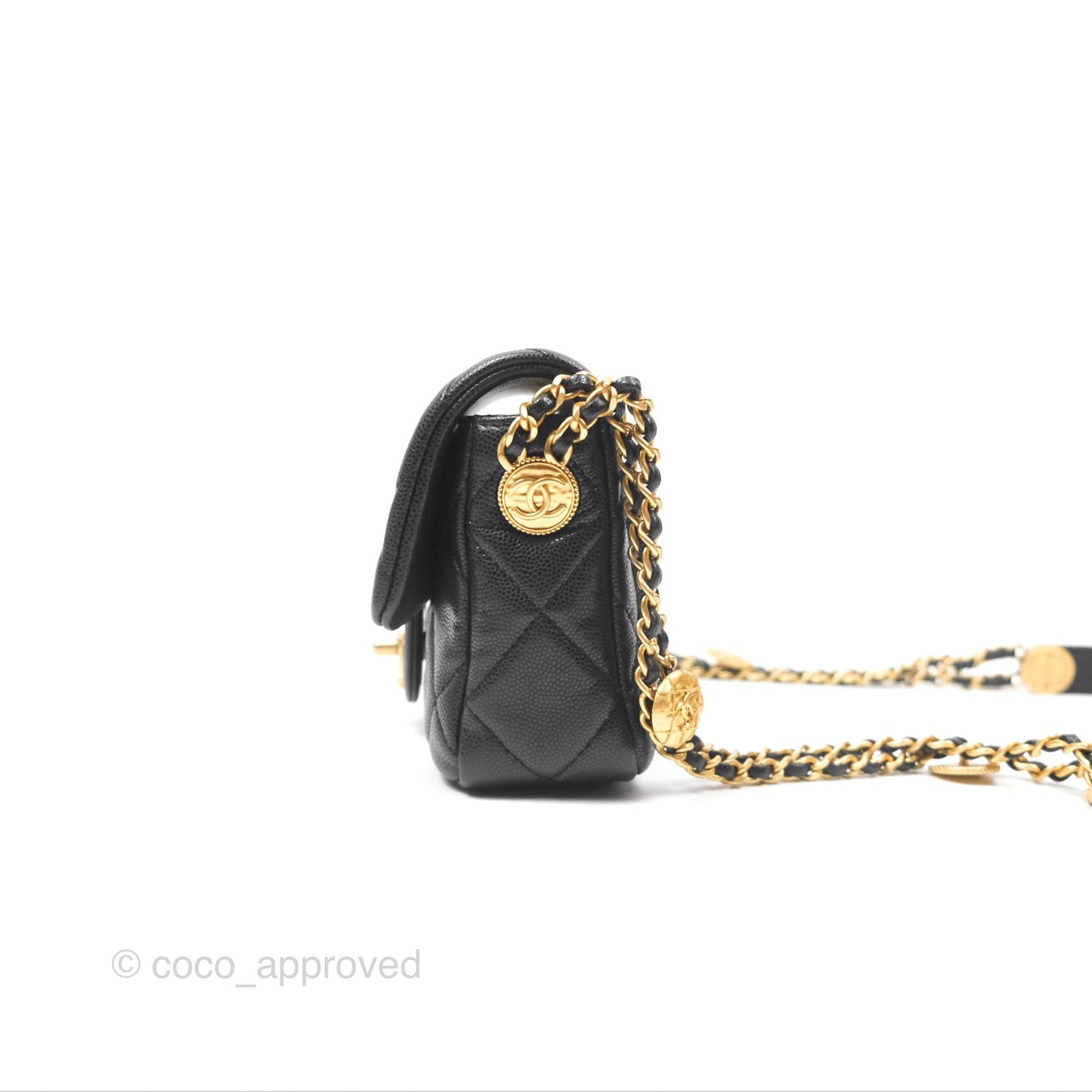 Chanel Mini Flap with Coin Charm Black Caviar Aged Gold Hardware 22A