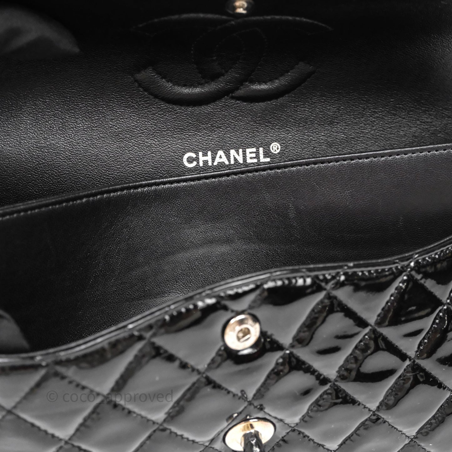 Chanel Medium Classic Flap Quilted Black Patent Silver Hardware