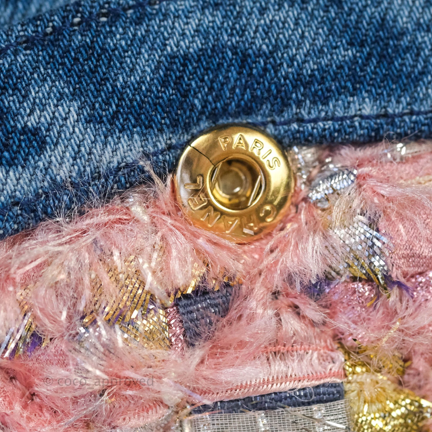 Chanel Quilted M/L Medium Double Flap Tweed Washed Denim Aged Gold Hardware