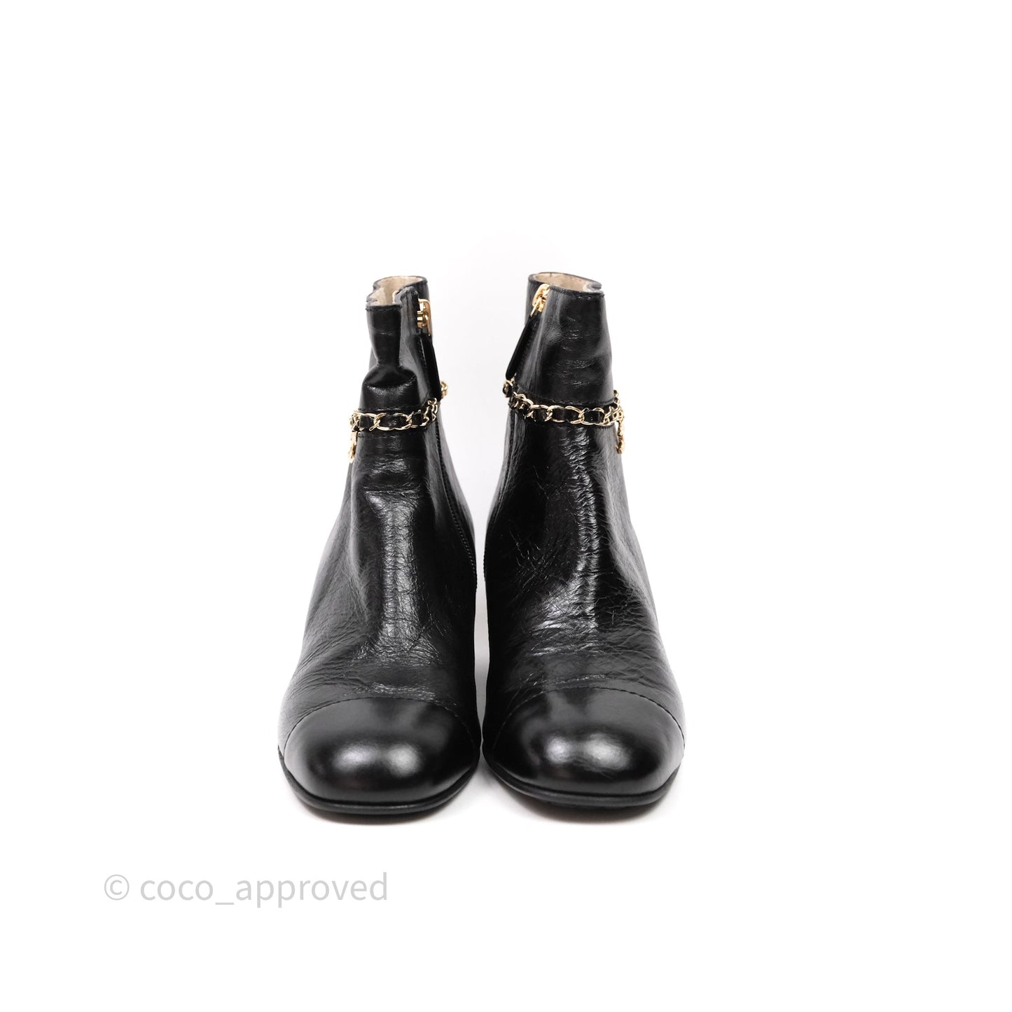 Chanel CC Black Leather Chain Ankle Boots Size 39