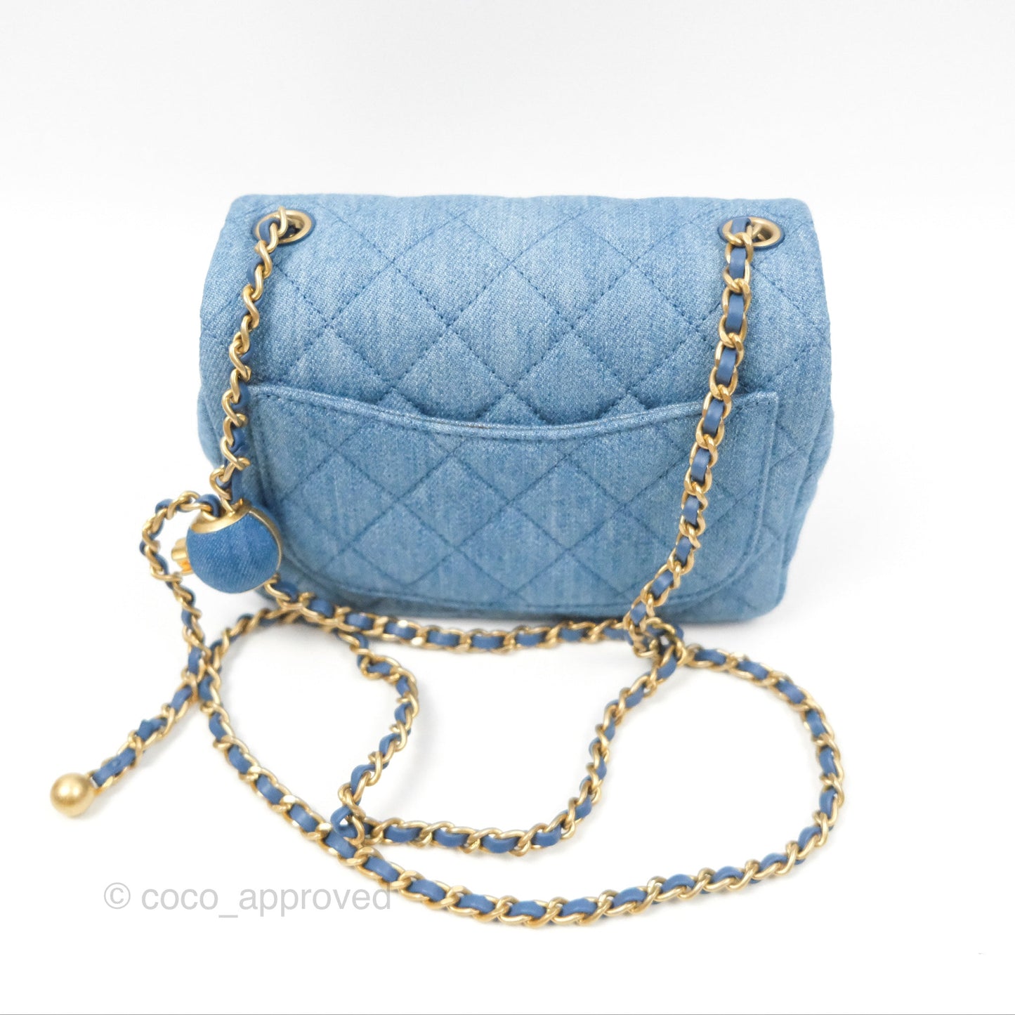 Chanel Mini Square Pearl Crush Quilted Denim Aged Gold Hardware