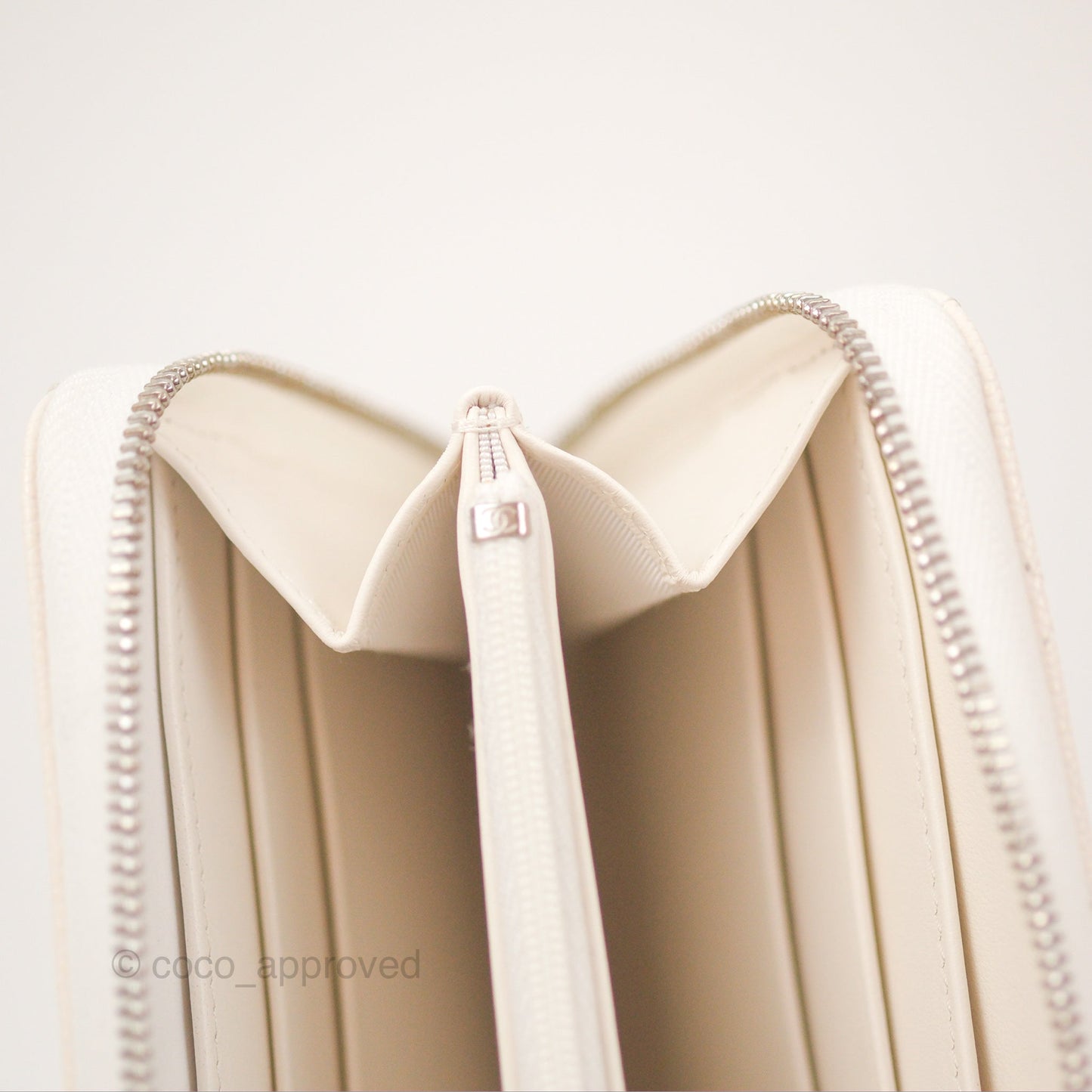 Chanel Quilted Zip Long Wallet White Caviar Silver Hardware