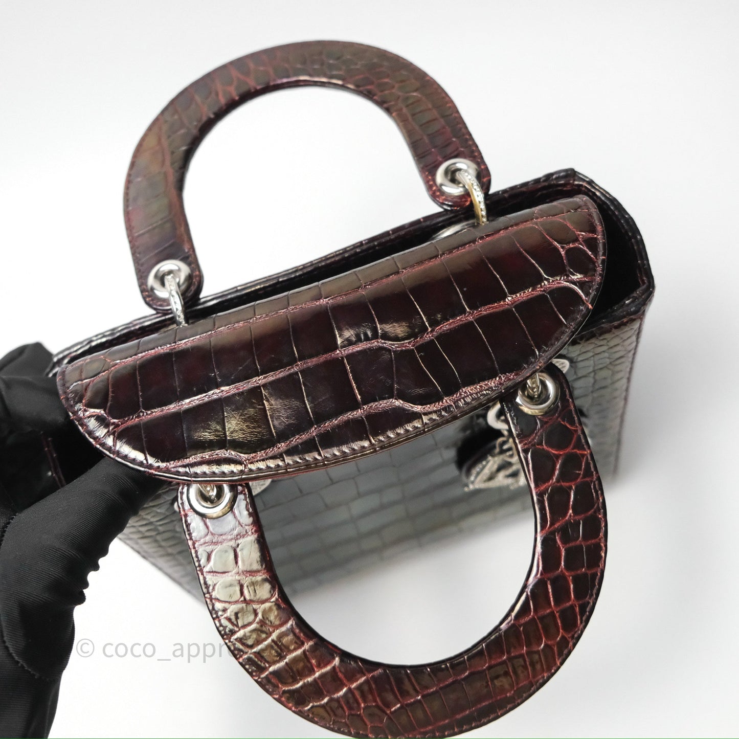 Christian Dior Small Lady Dior Shiny Crocodile Burgundy Diamond Hardware