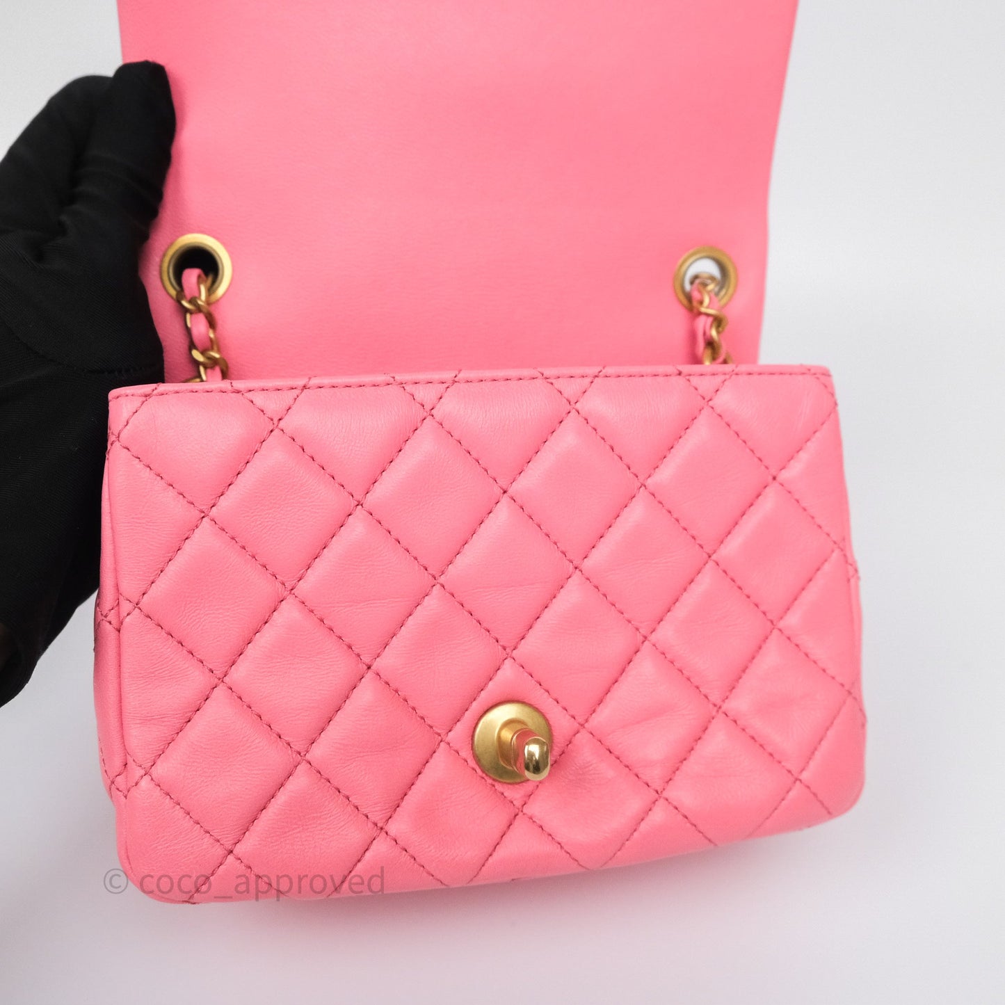 Chanel Pearl Crush Mini Square Quilted Pink Lambskin Aged Gold Hardware