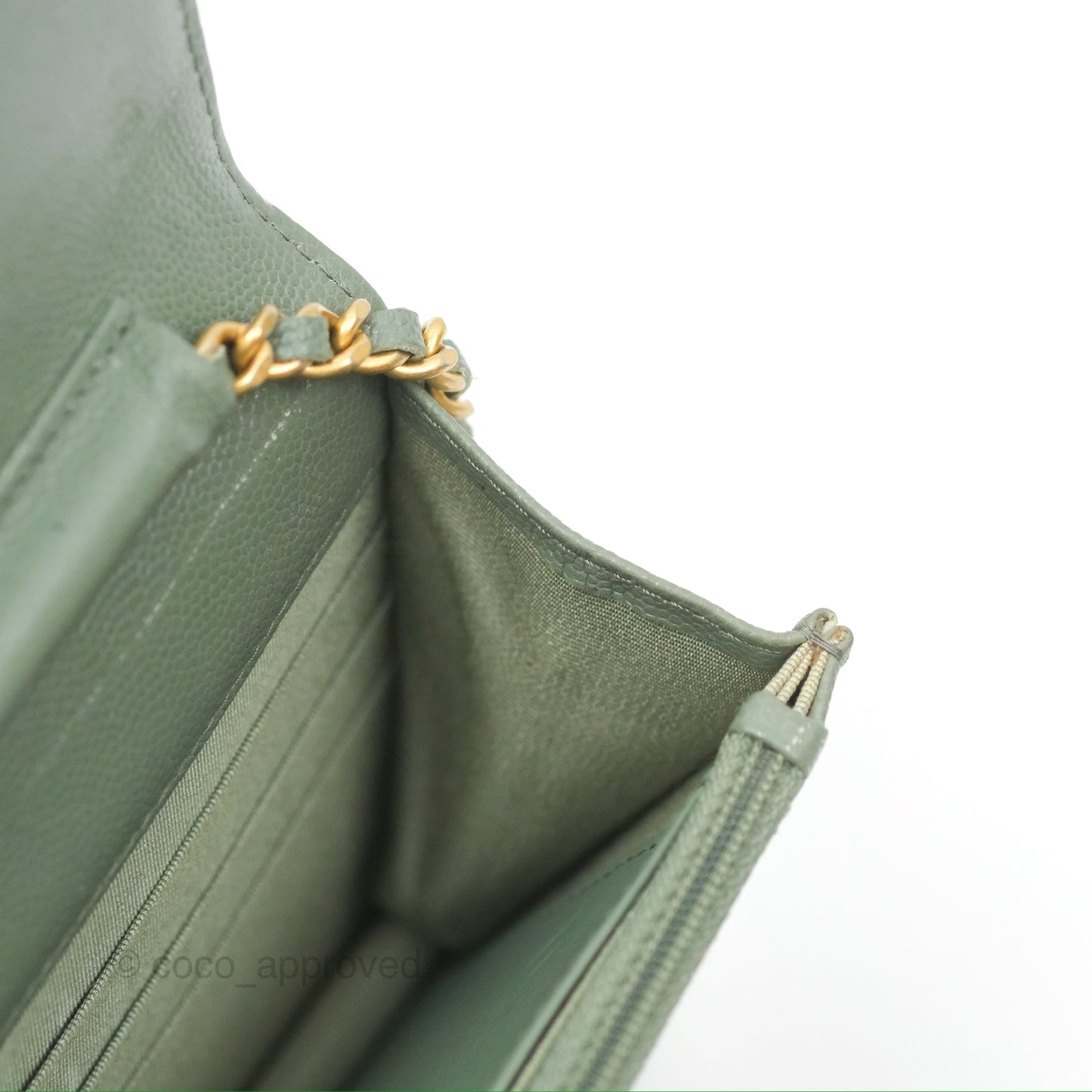 Chanel Classic Quilted Wallet On Chain WOC Glitter Dark Tiffany Green Caviar Aged Gold Hardware