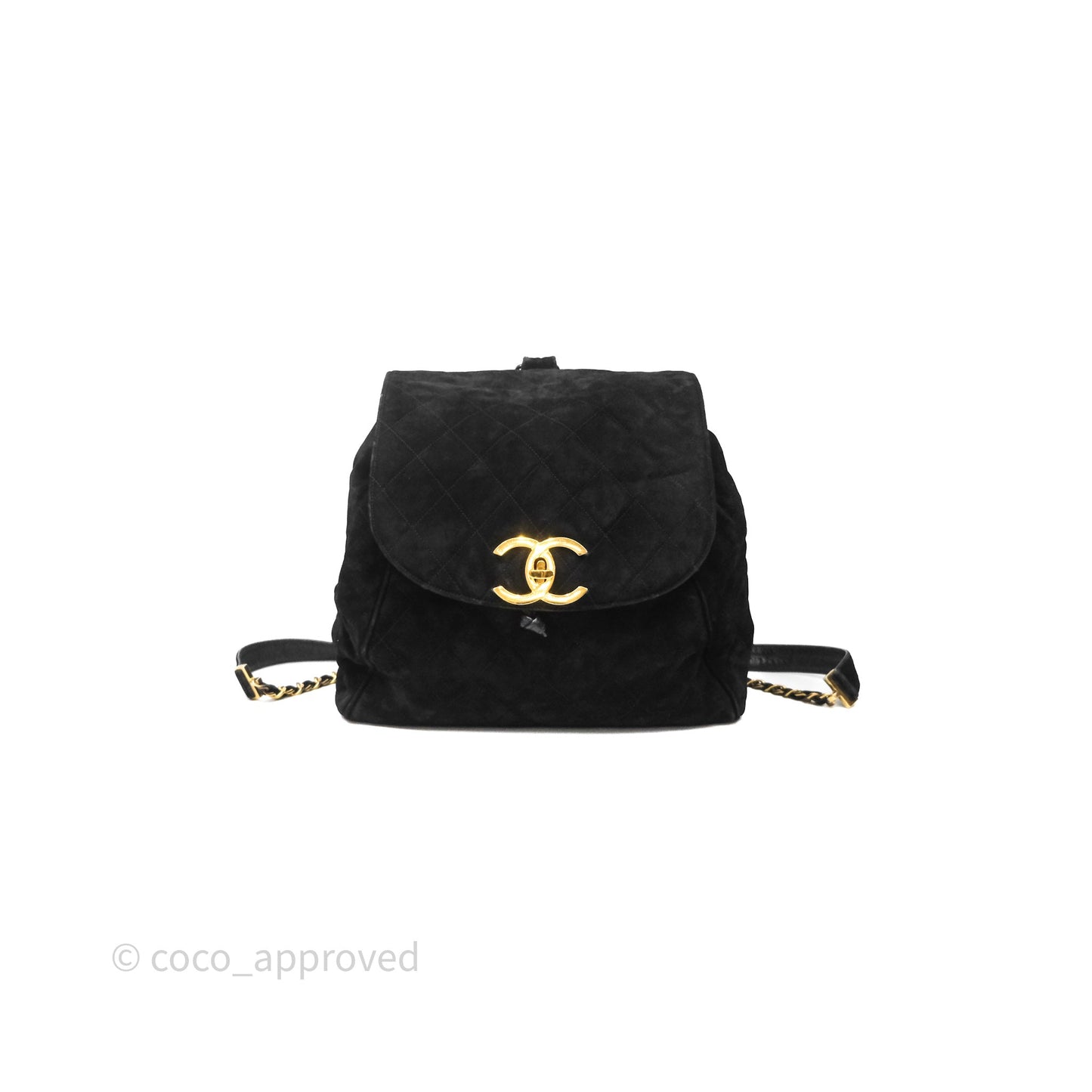 Chanel Vintage Quilted Suede CC Backpack Black Gold Hardware