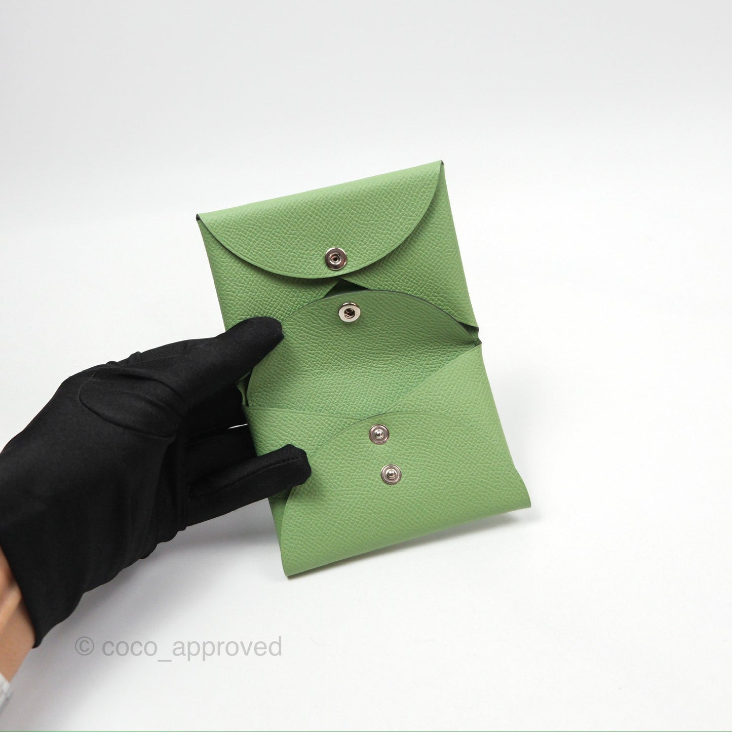 Hermès Calvi Duo Compact Card Holder 3I Vert Criquet Epsom Palladium Hardware