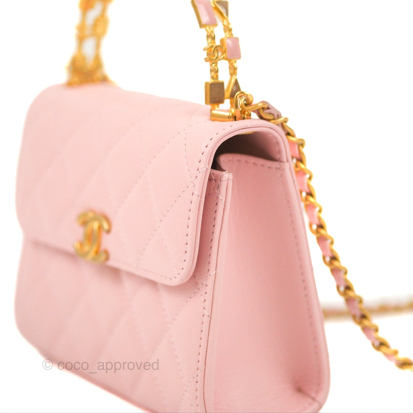 Chanel Enamel Top Handle Clutch with Chain Pink Lambskin Aged Gold Hardware 22B