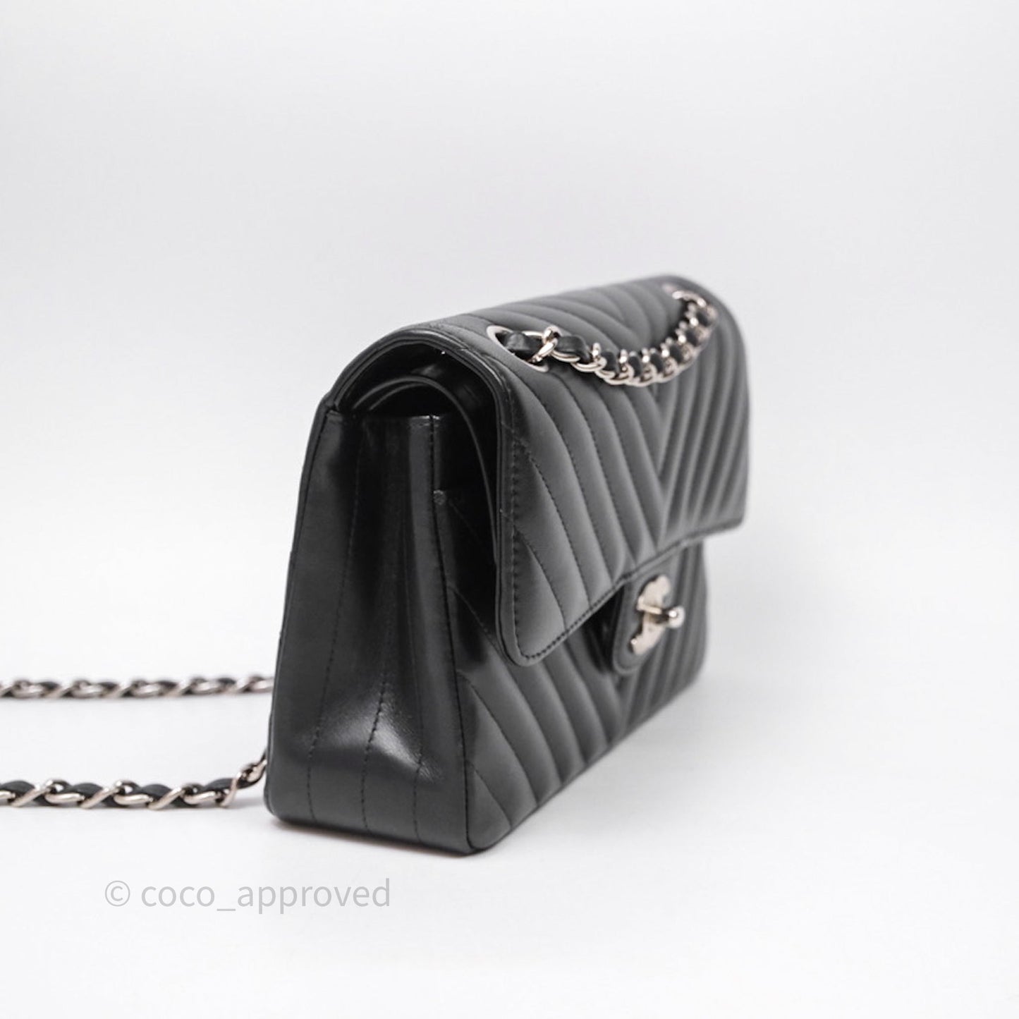 Chanel Small Classic Chevron Flap Black Lambskin Silver Hardware