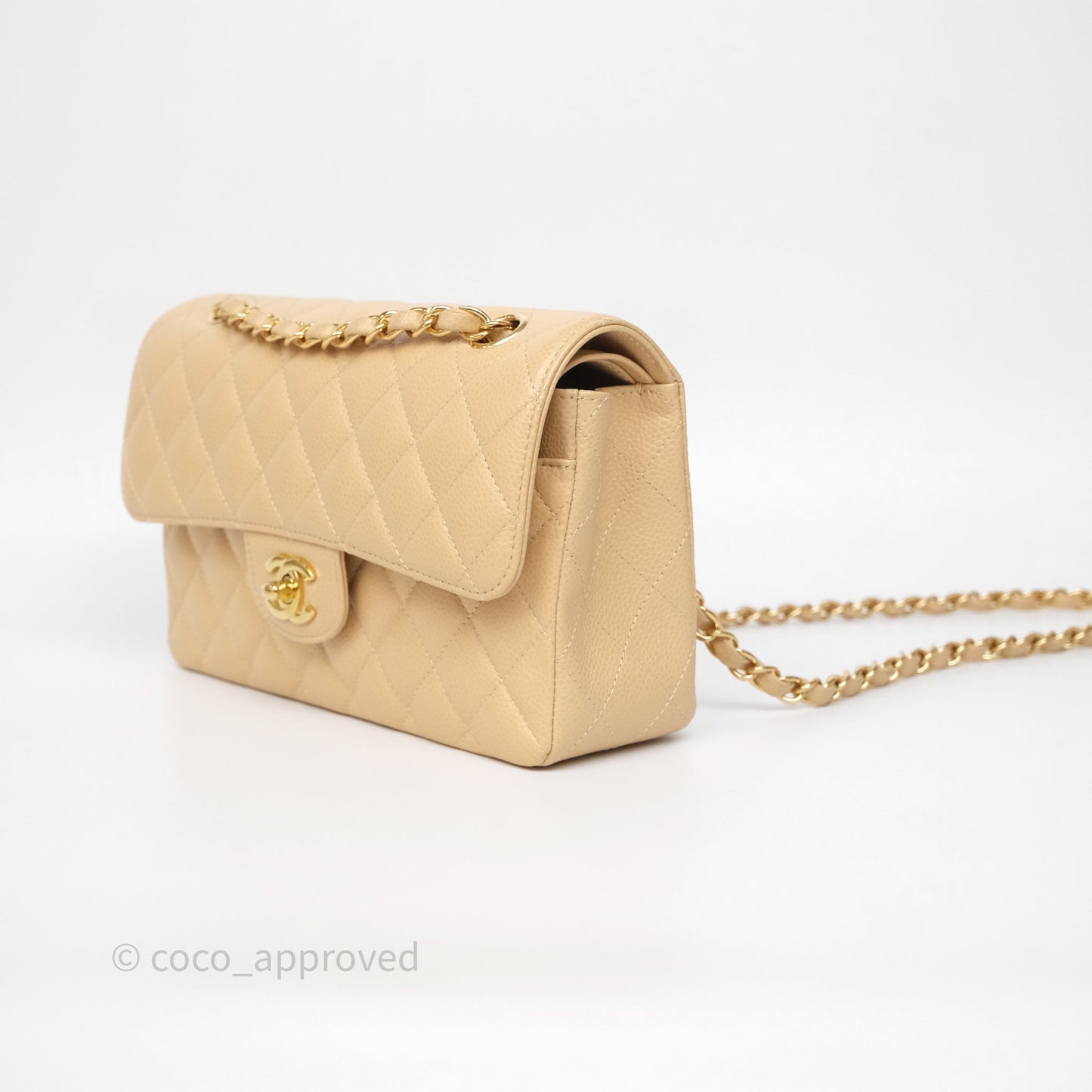 Chanel Small Classic Flap Quilted Beige Caviar Gold Hardware